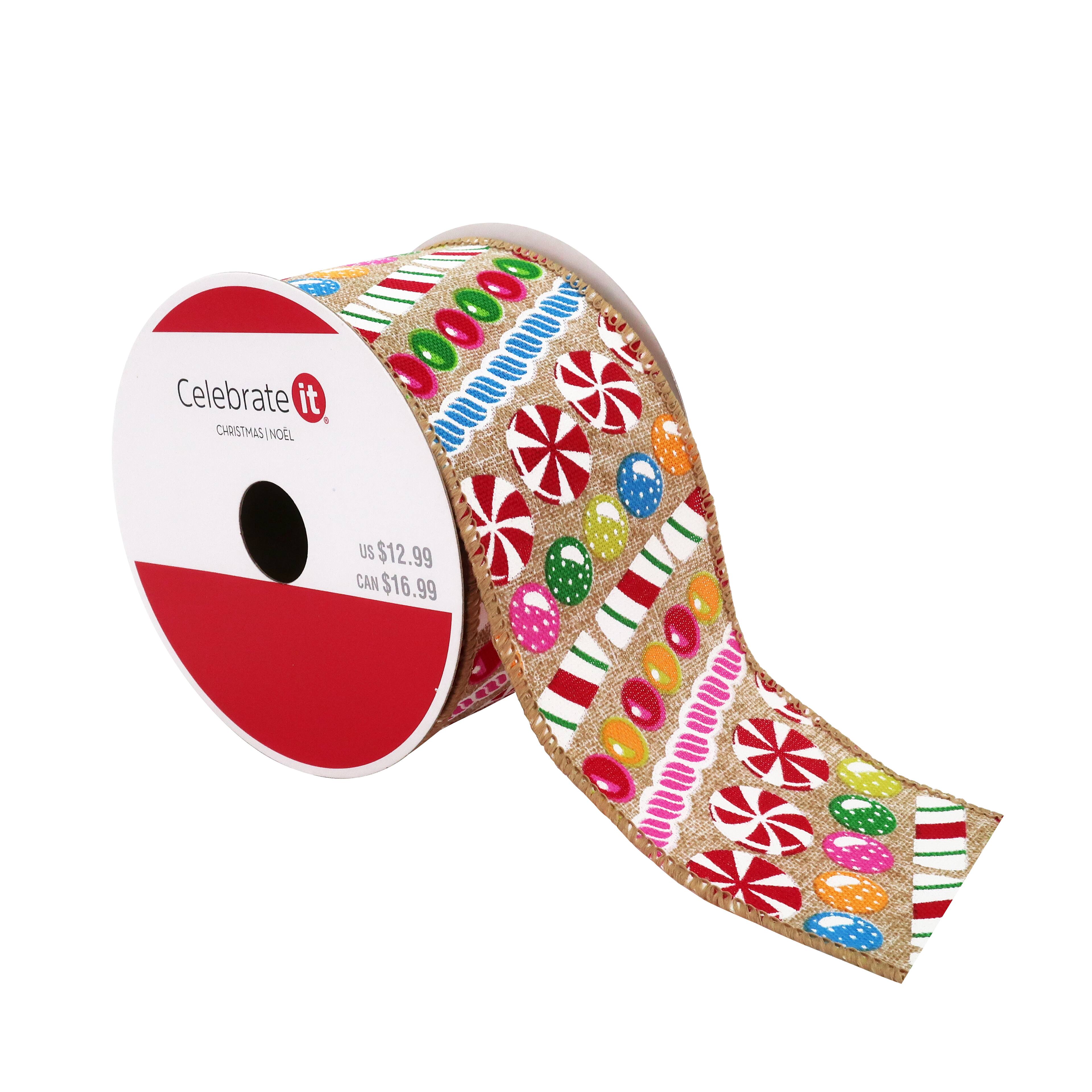 Ruban en imitation lin bonbon multicolore de 6,3&#xA0;cm x 6&#xA0;m avec fil m&#xE9;tallique de Celebrate It No&#xEB;l 