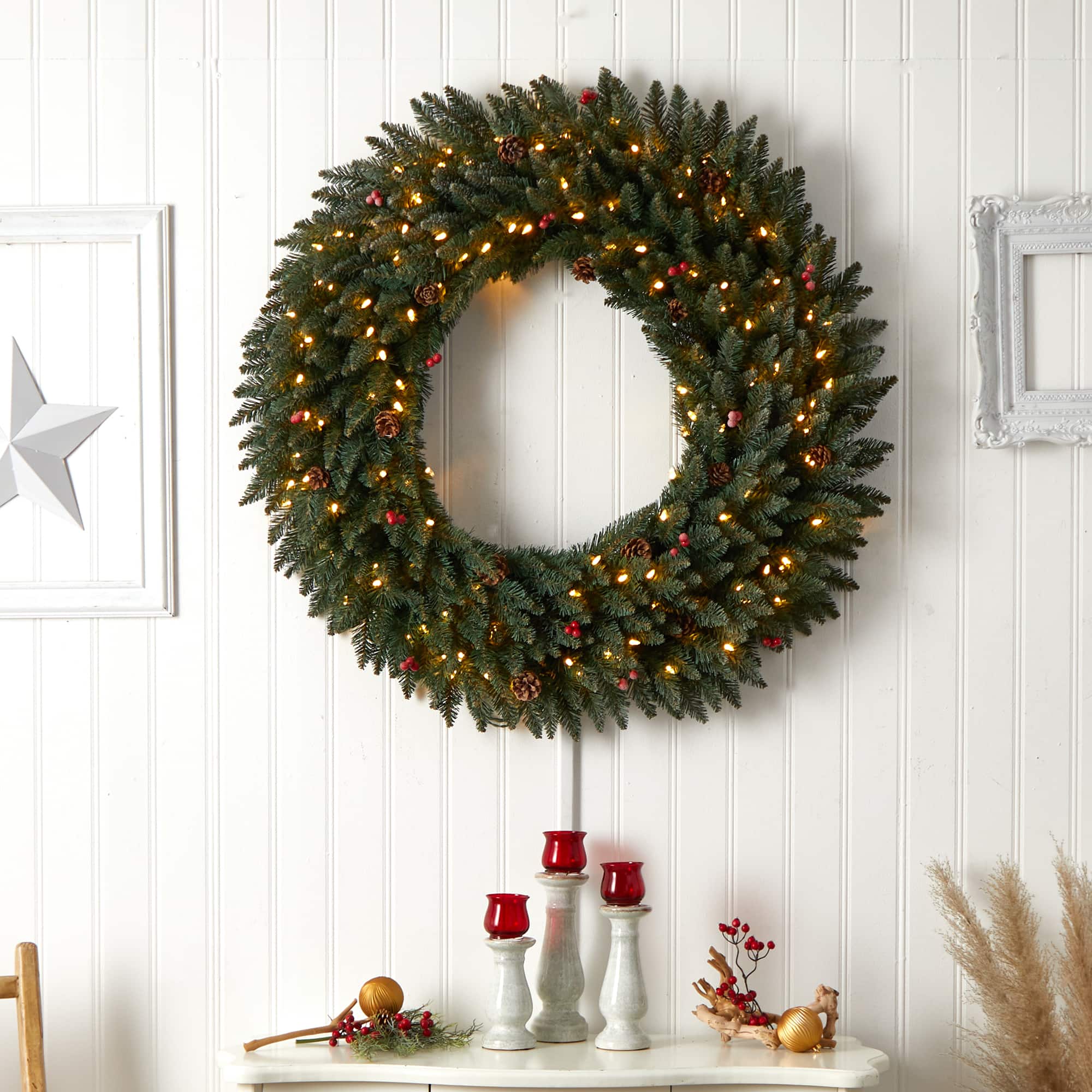 4ft. Clear LED Lights Flocked Artificial Christmas Wreath With Pinecones & Berries