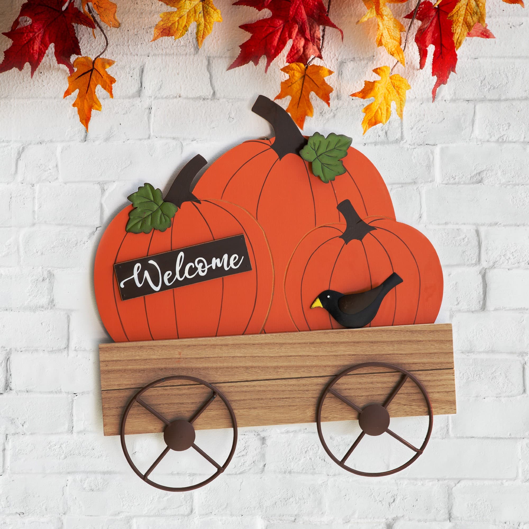 26&#x22; GlitzHome&#xAE; Wooden Pumpkin Cart Yard Stake