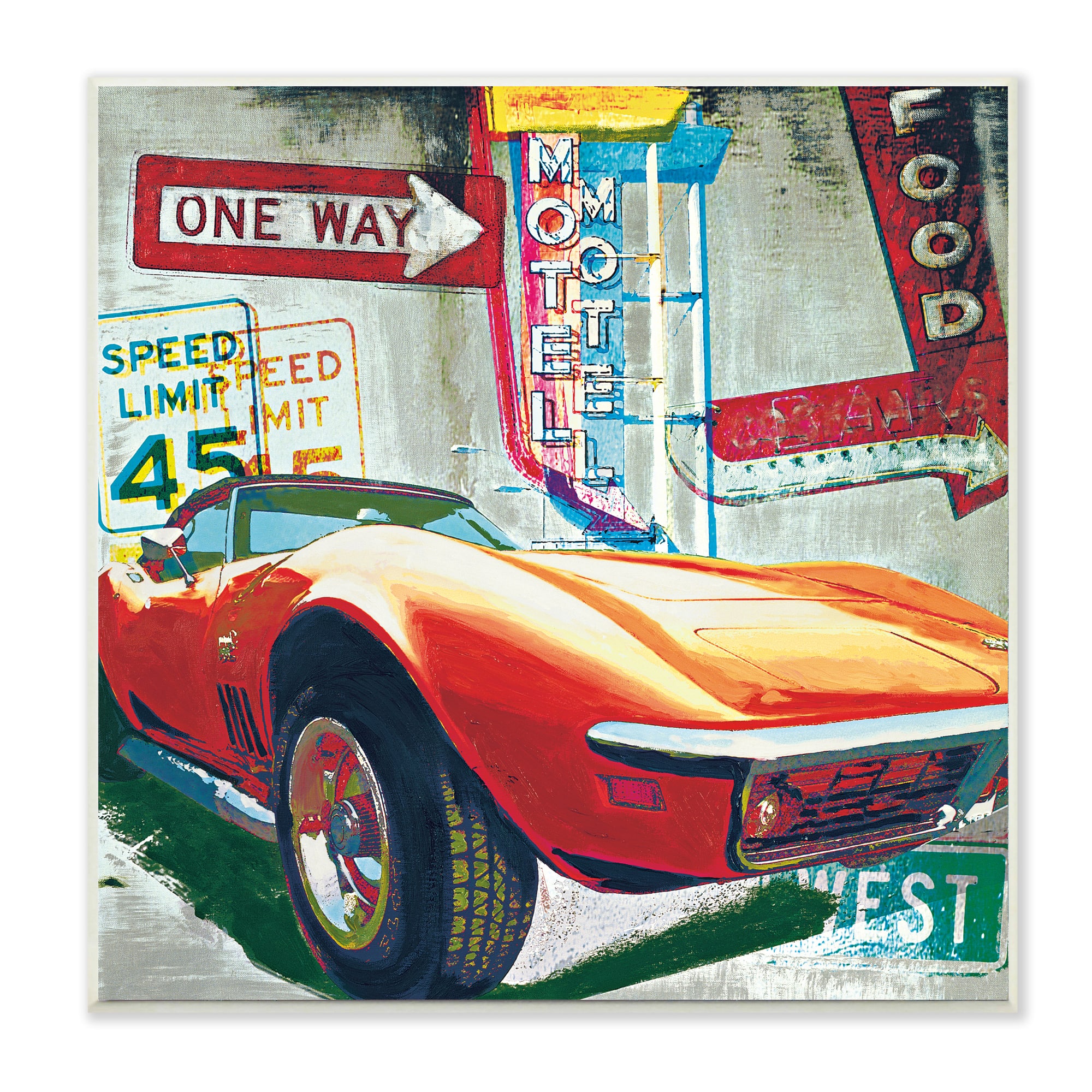 Stupell Industries Vibrant Sports Car Road Sign Pop Art Collage, 12" x 12"