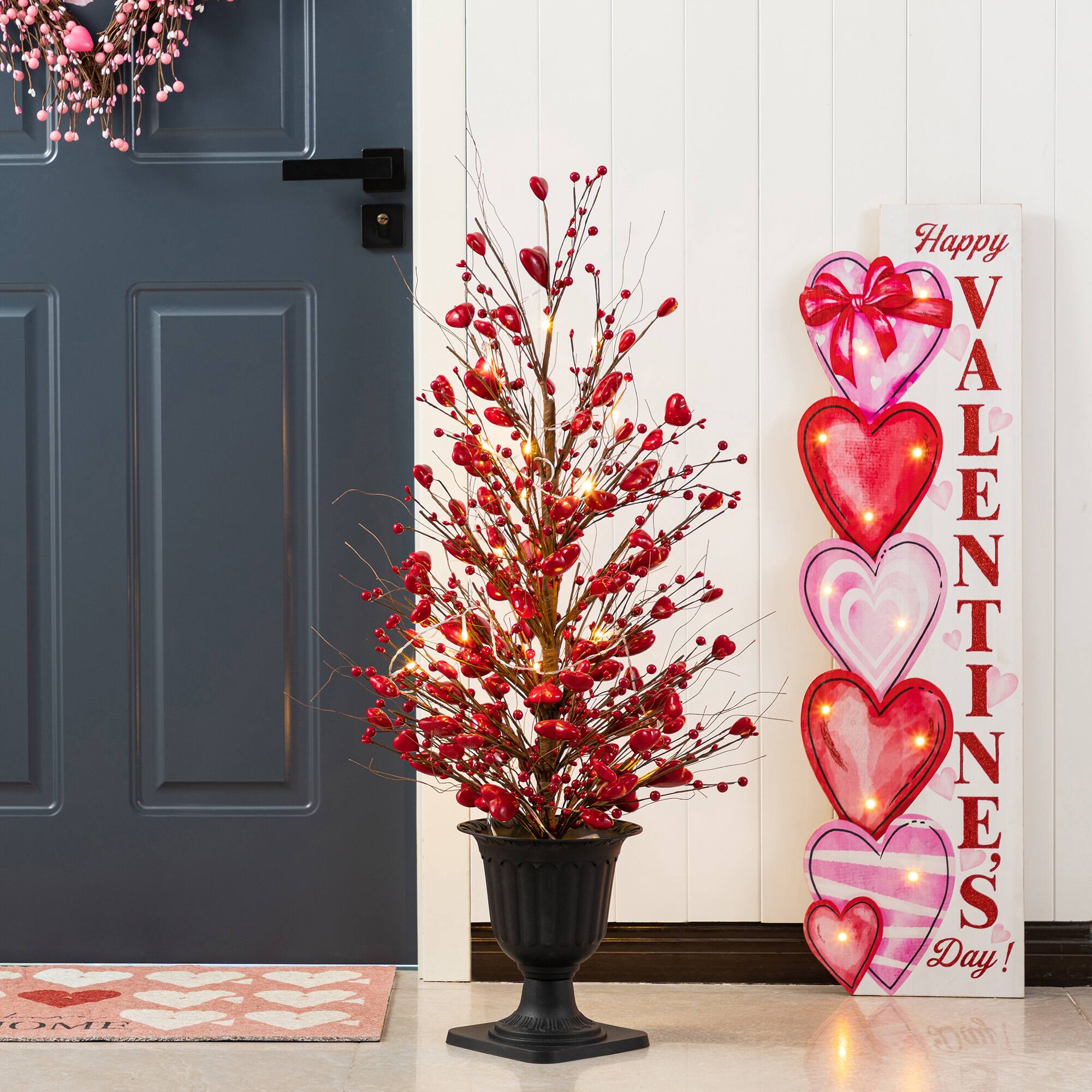 Glitzhome® 36" Valentine's Lighted Red Berry Heart Urn Porch Tree with Timer