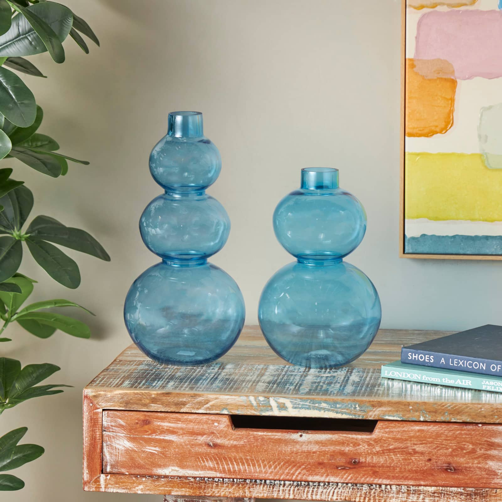 Blue Round Bubble Glass Vase Set