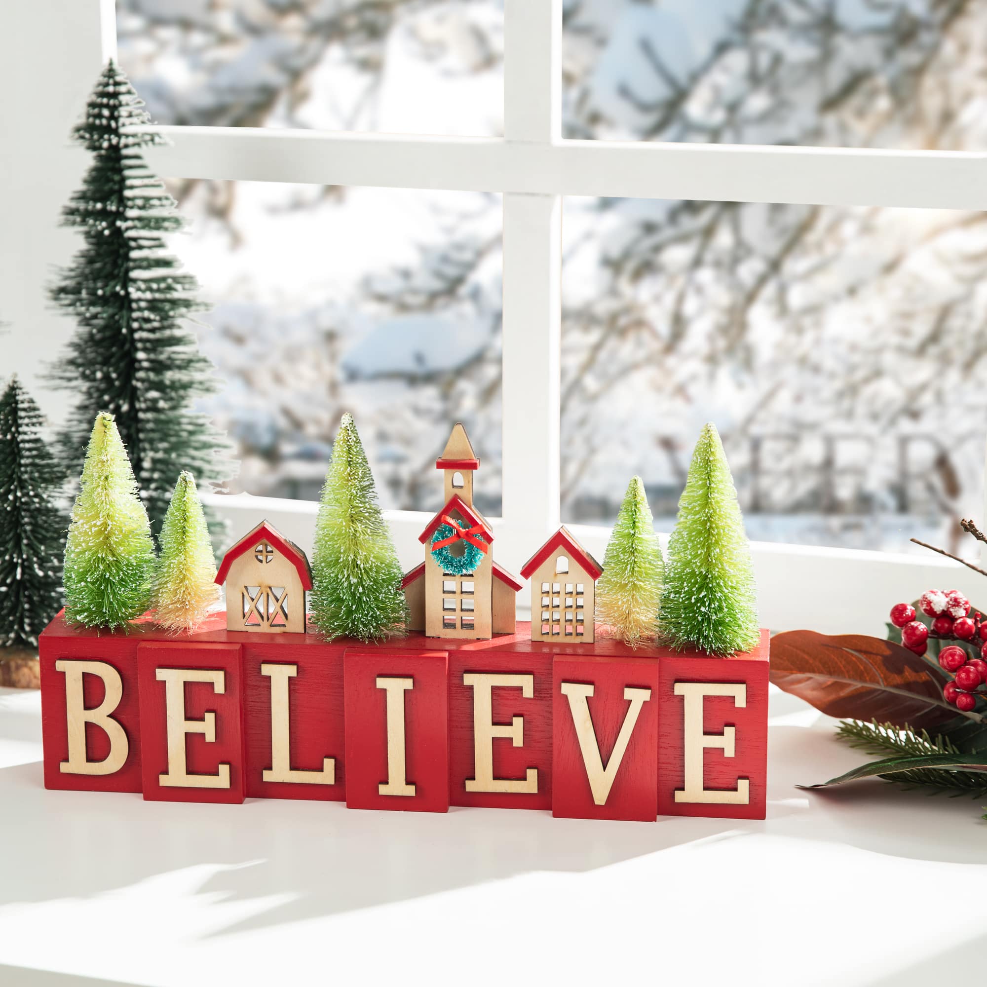 Glitzhome&#xAE; 14&#x22; Christmas Believe House &#x26; Brush Trees Table D&#xE9;cor
