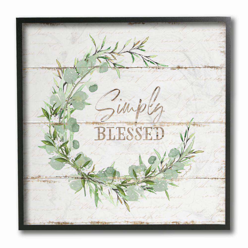 Stupell Industries Simply Blessed Phrase with Distressed Styling and Wreath Black Framed Wall Art