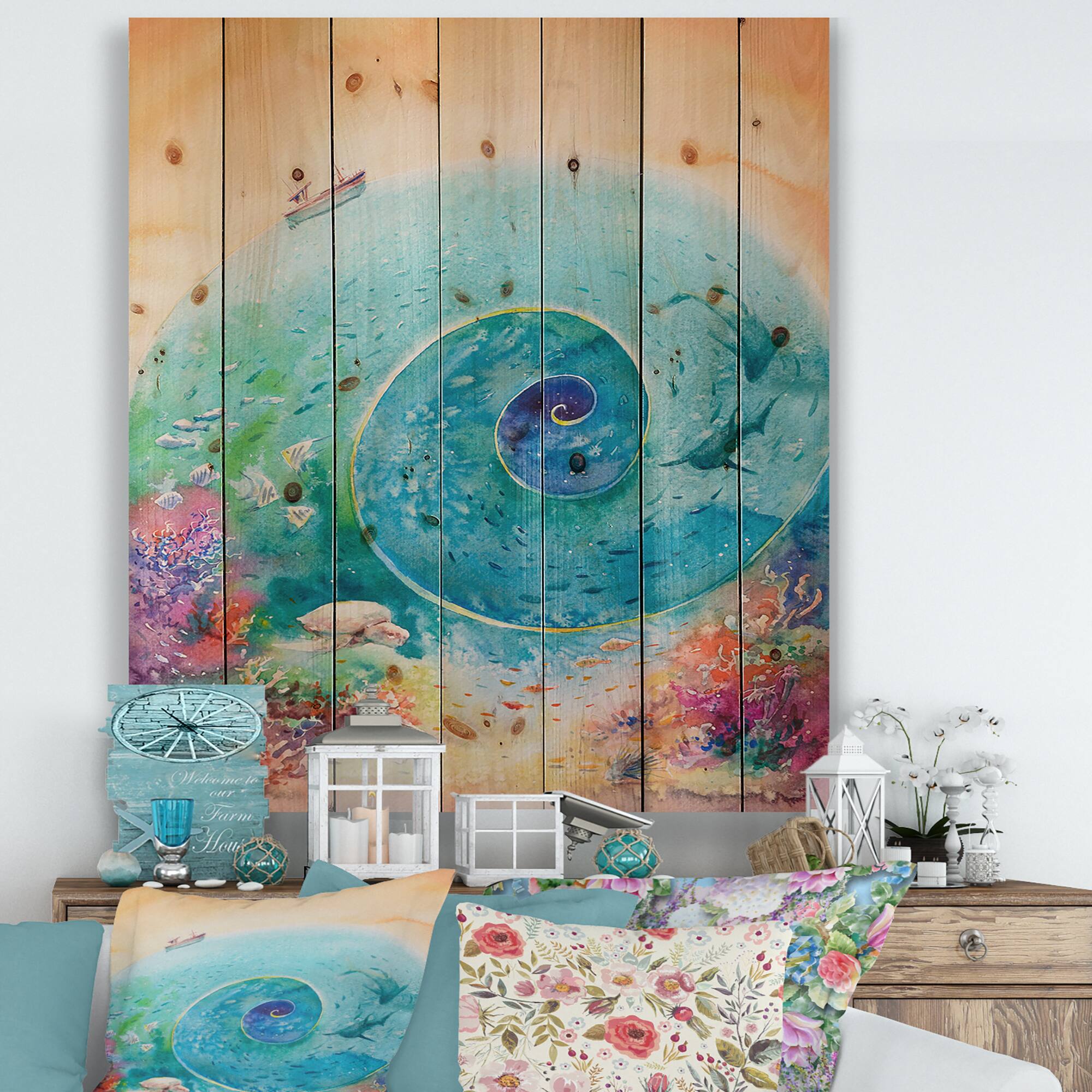 Designart - Turquoise Ocean Spiral With Coral Reef Fishes - Nautical &#x26; Coastal Print on Natural Pine Wood