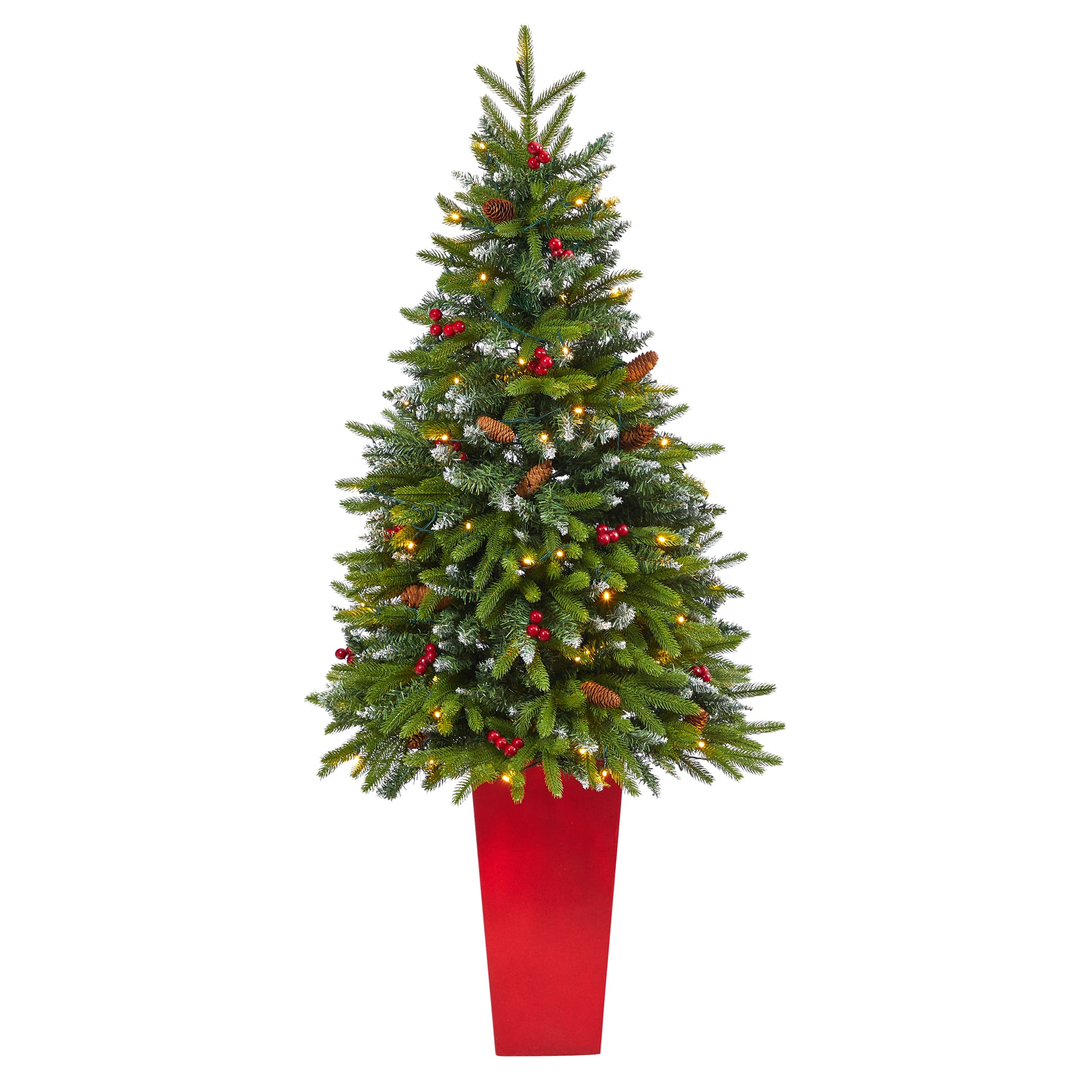5ft. Pre-Lit Snow Tipped Portland Spruce Artificial Christmas Tree in Red Tower Planter, Clear LED Lights