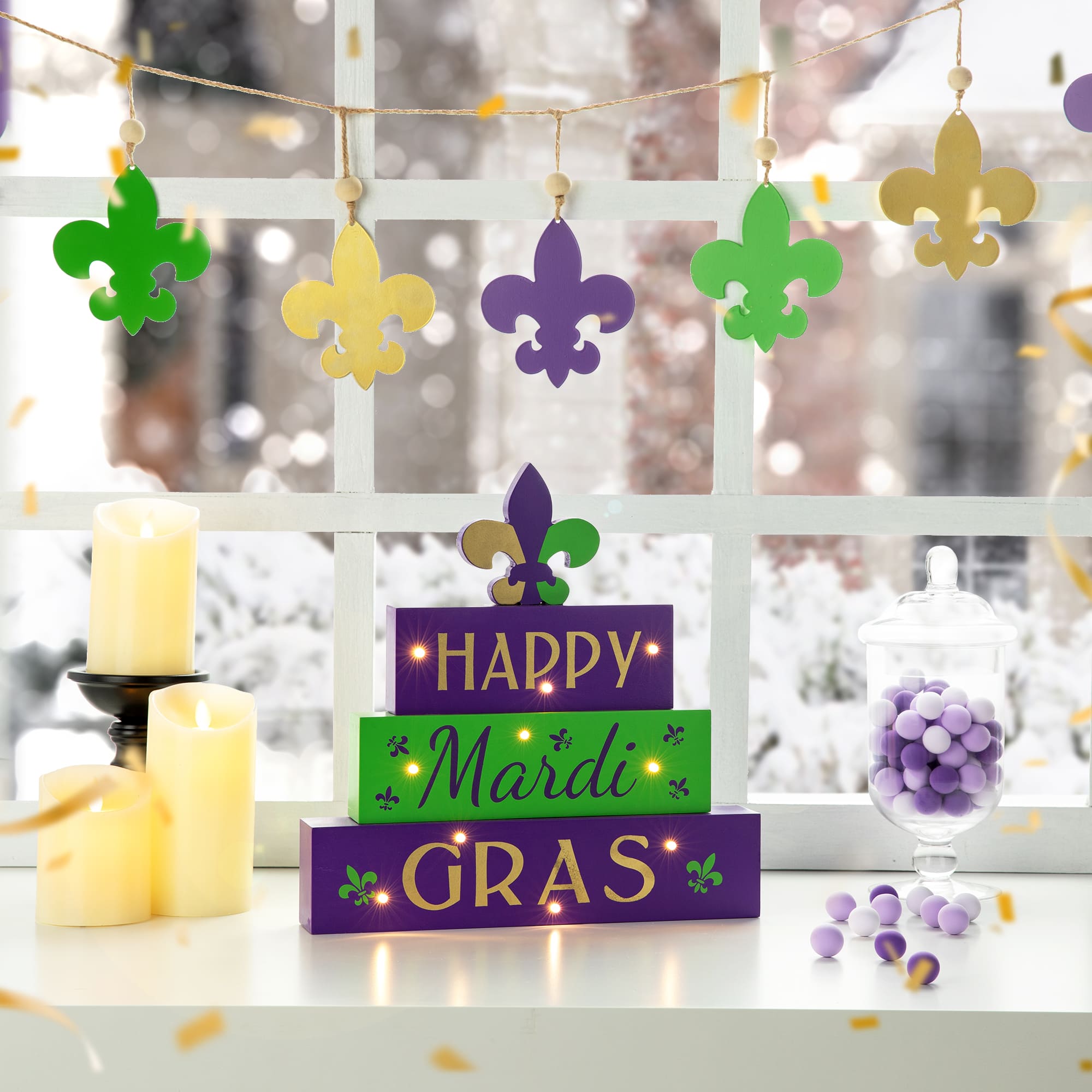 Glitzhome&#xAE; 11.75&#x22; Lighted Mardi Gras Wooden Fleur-de-Lis Block Table Sign