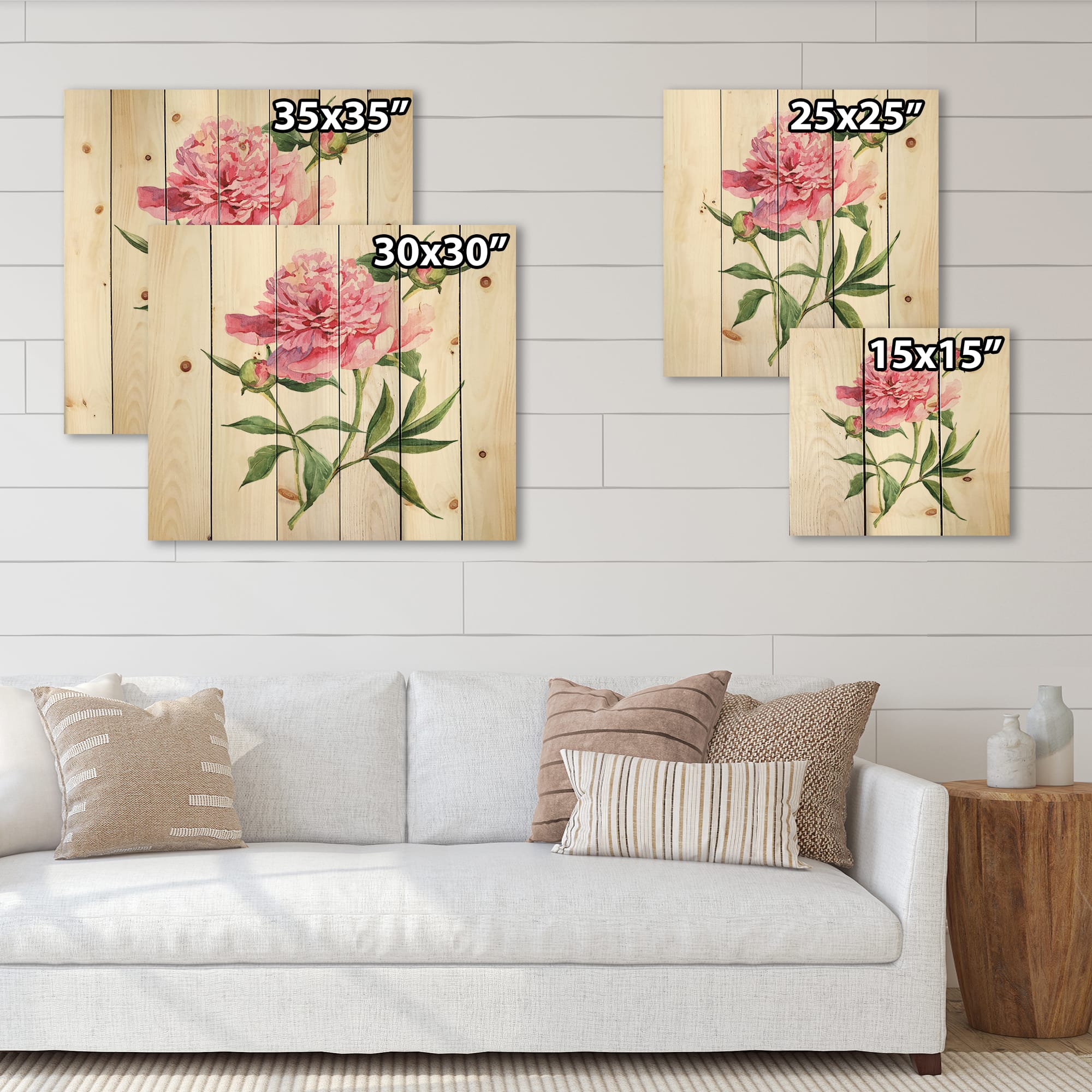 Designart - Vintage Pink Peonies - Traditional Print on Natural Pine Wood