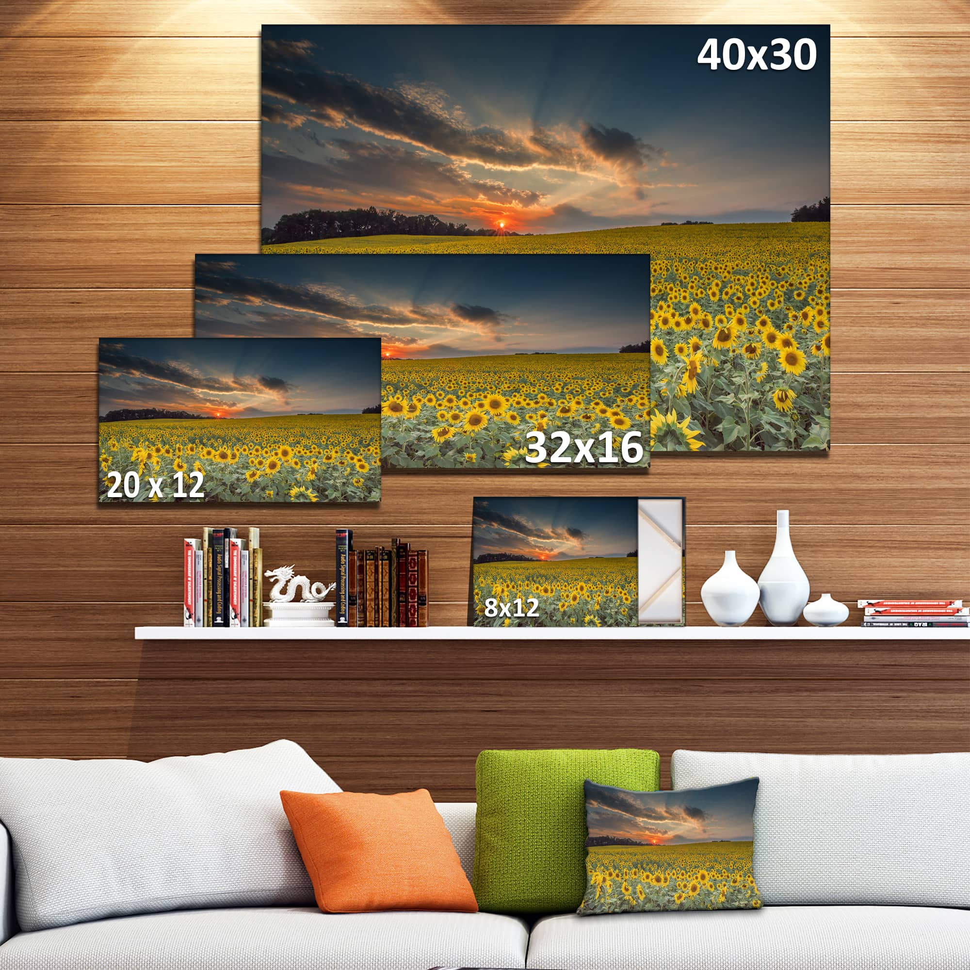 Designart - Sunflower Sunset with Cloudy Sky - Large Landscape Canvas Art