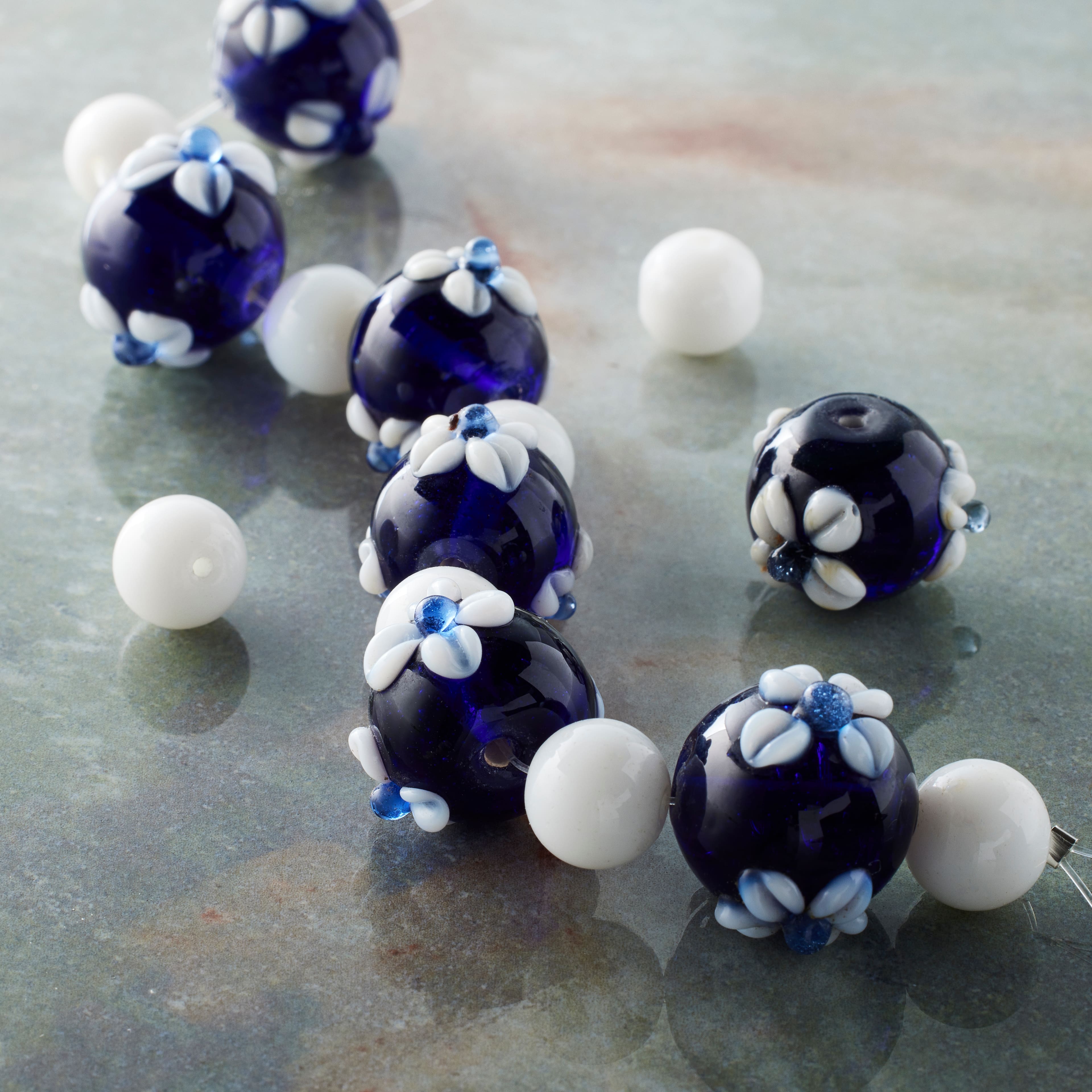 Blue &#x26; White Lamp Work Glass Round Beads by Bead Landing&#xAE;