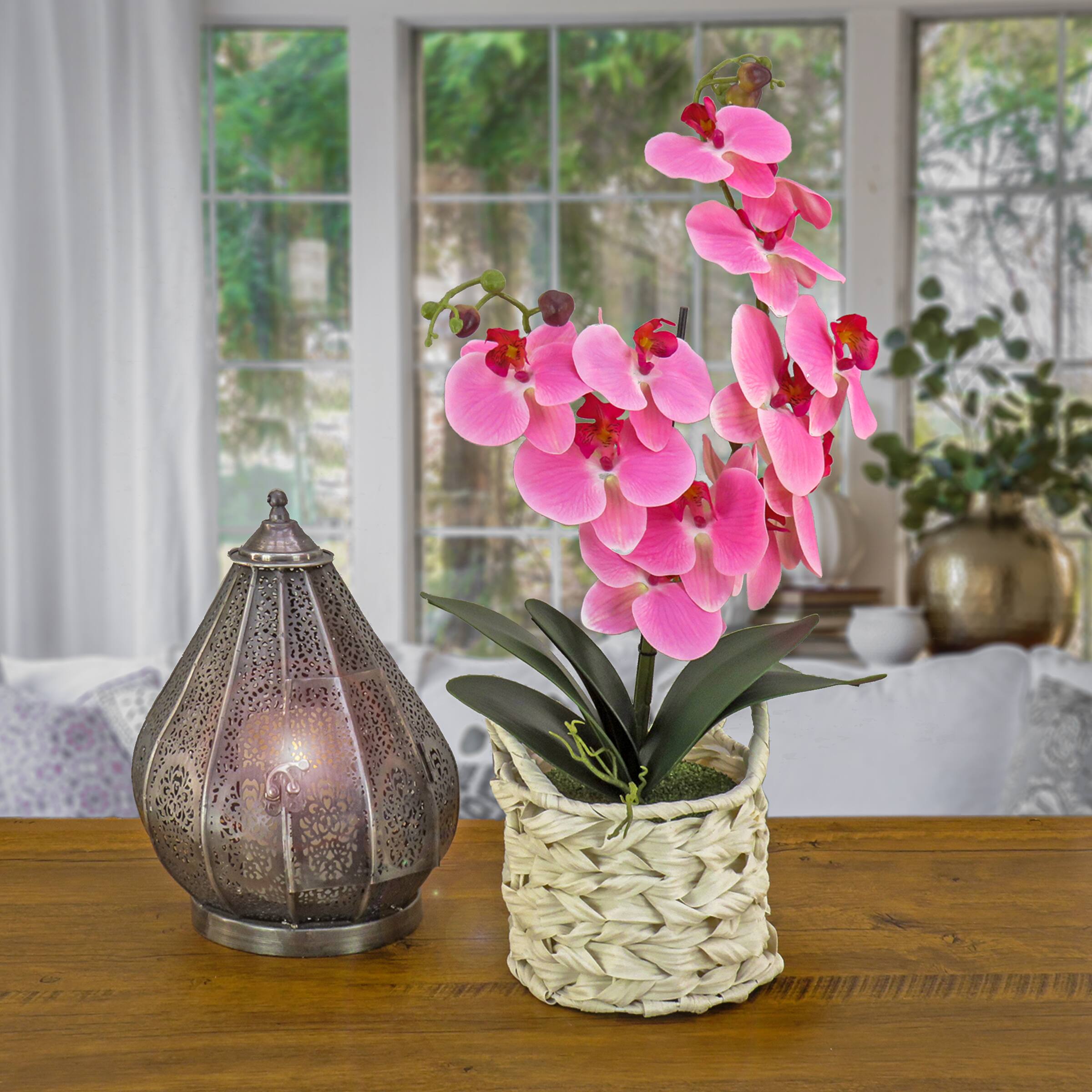 21&#x22; Pink Orchid Flower In White Basket