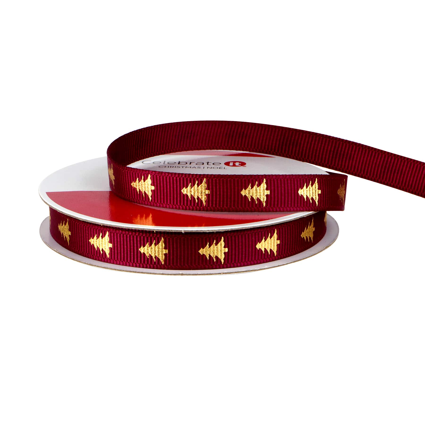3/8&#x22; x 12ft. Gold Tree on Burgundy Ribbon by Celebrate It&#xAE; Christmas