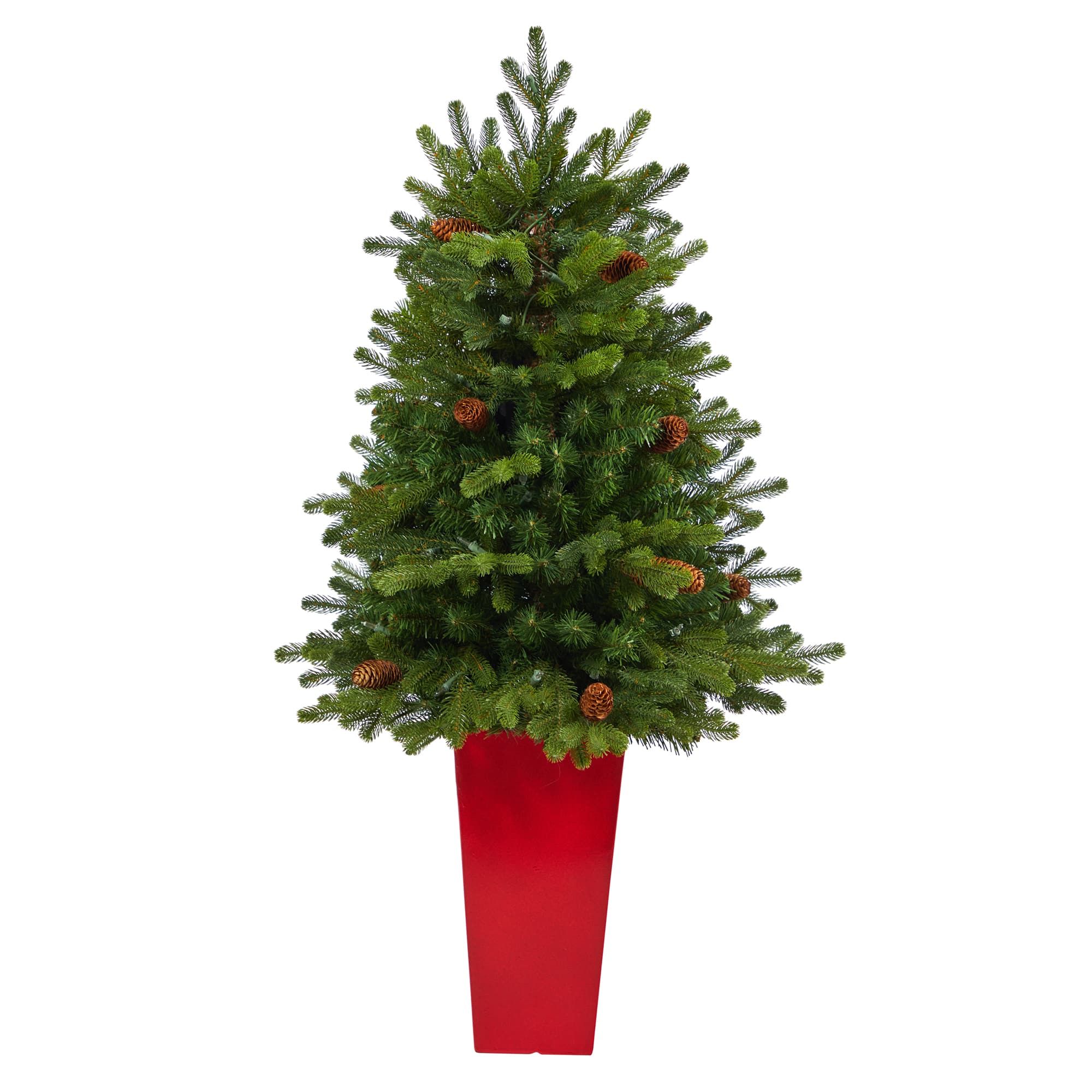 3.5ft. Pre-Lit Yukon Mountain Fir Artificial Christmas Tree in Red Planter, Clear Lights