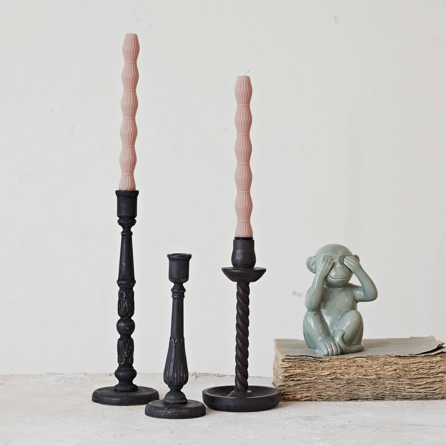 Hello Honey&#xAE; Round Black Wood Taper Candle Holder Set