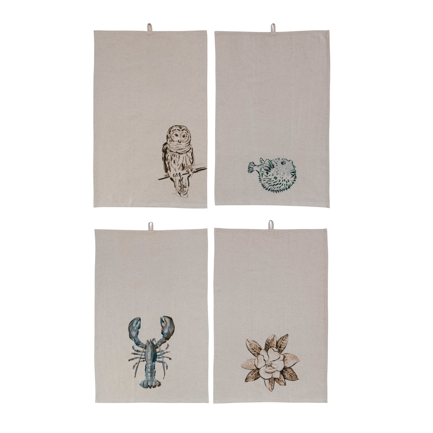 Nature Prints Motif Cotton &#x26; Linen Decorative Tea Towels with Loops Set