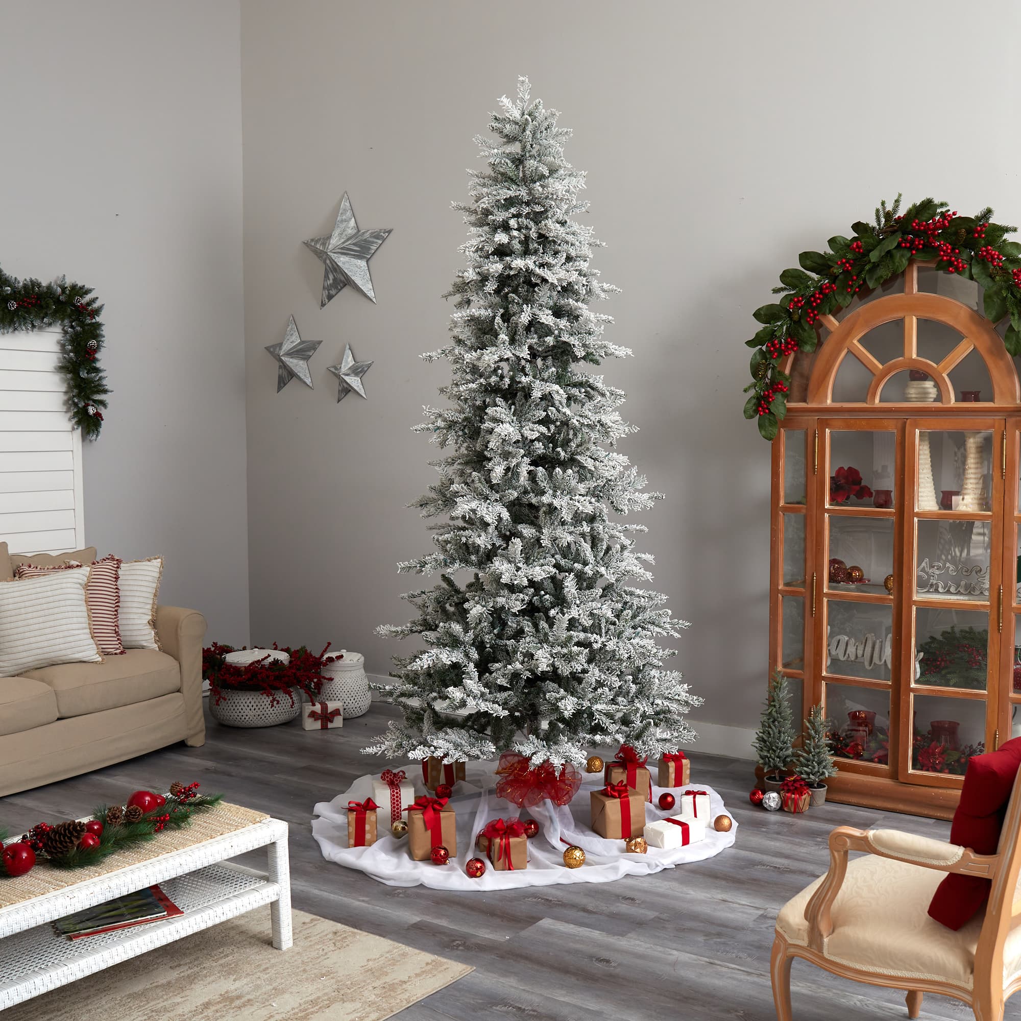 9.5ft. Pre-Lit Slim Flocked Nova Scotia Spruce Artificial Christmas Tree, White LED Lights