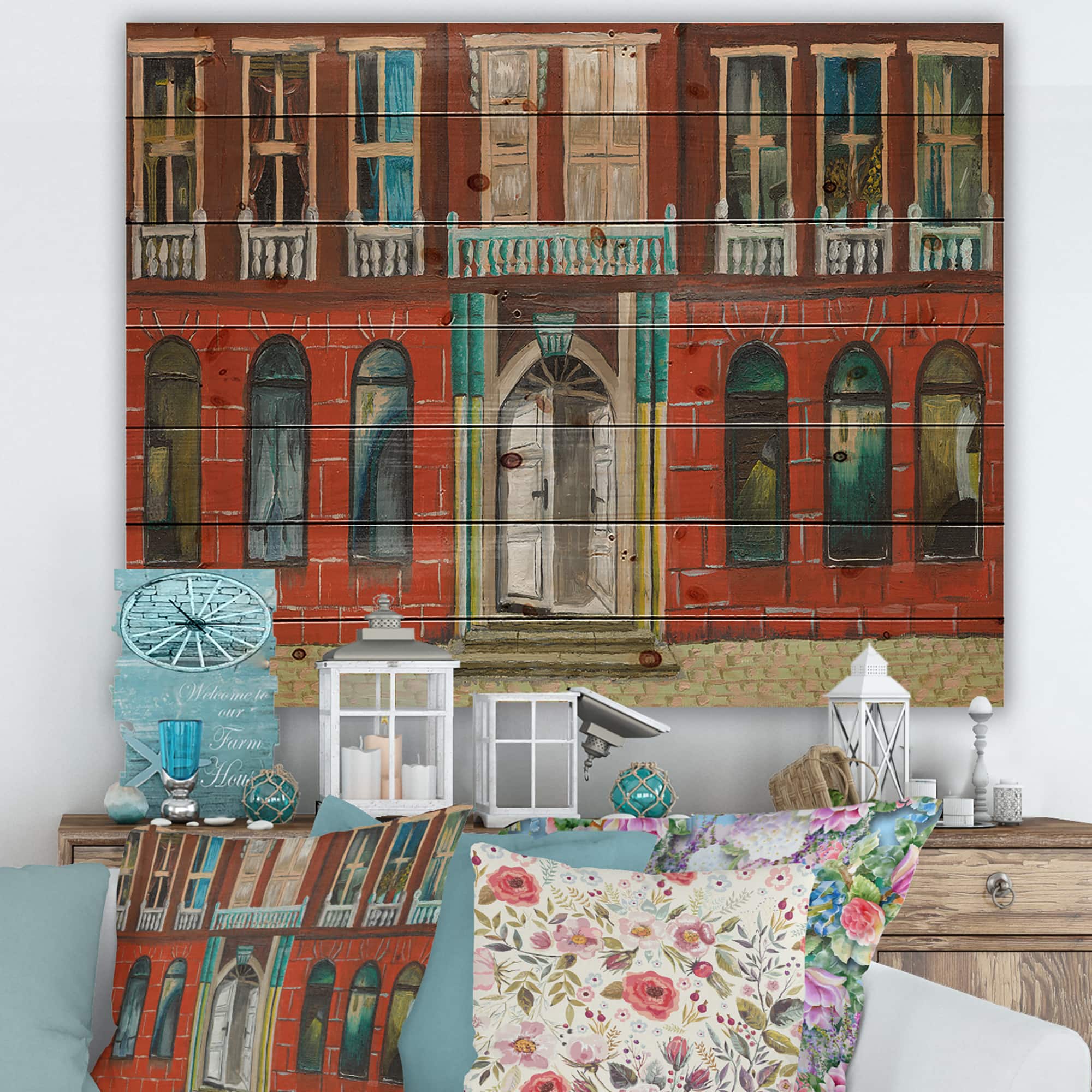 Designart - Red Facade of Shop In Paris II - French Country Print on Natural Pine Wood