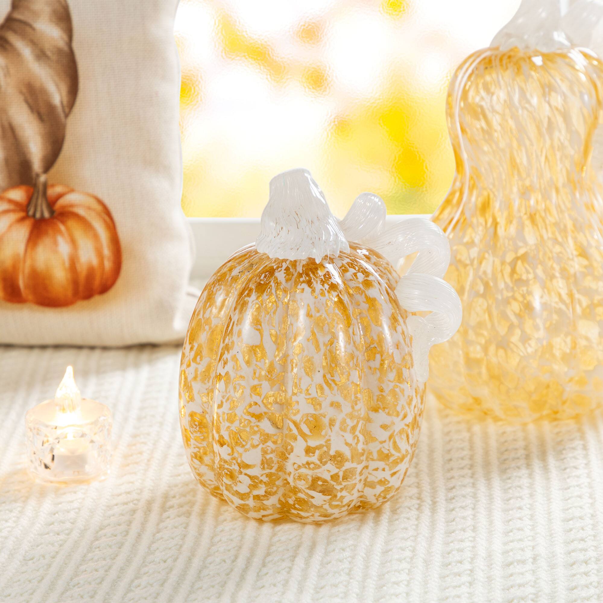 Glitzhome&#xAE; Amber Dots Fall Pumpkin Glass Tabletop Accent