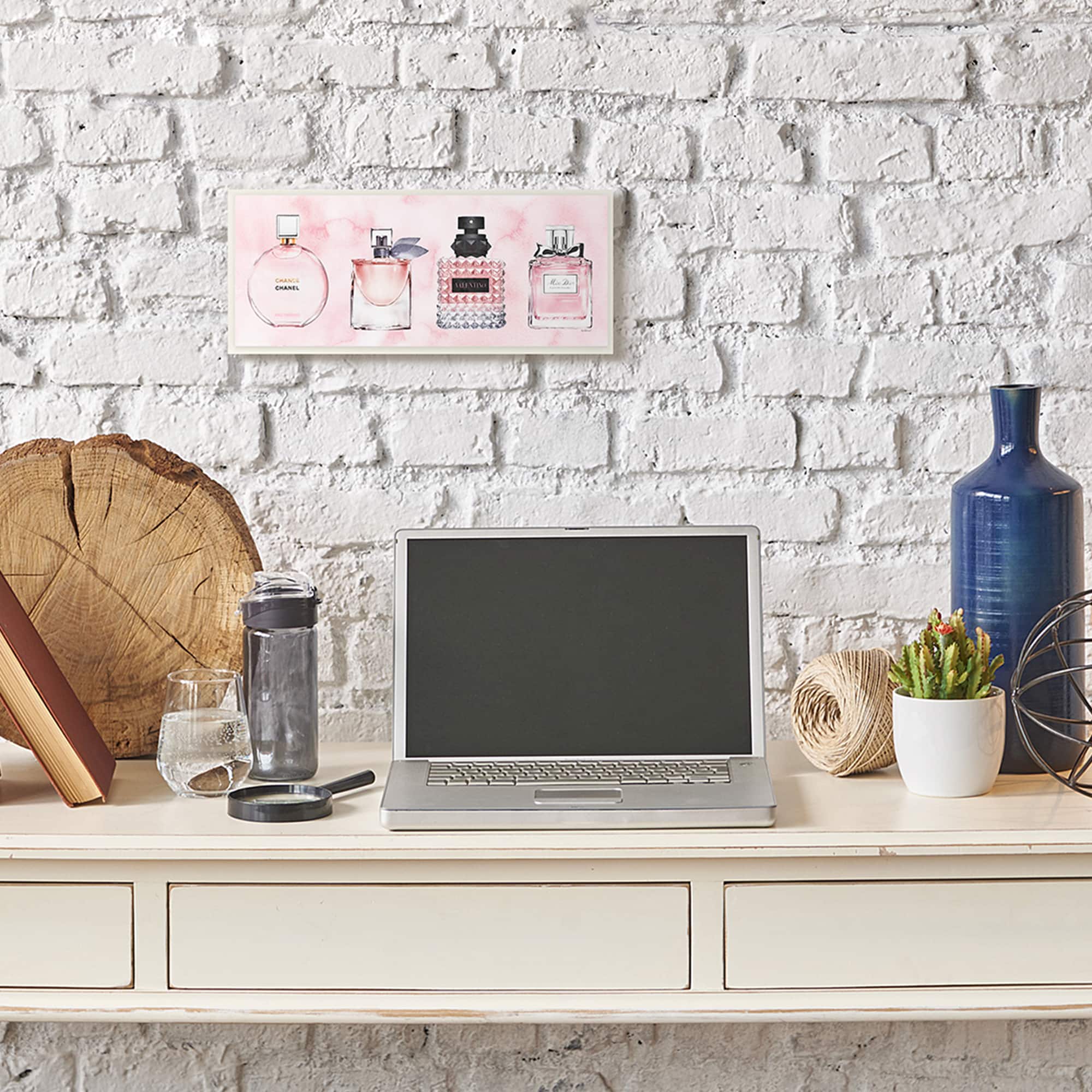 Stupell Industries Pink Fashion Fragrance Bottles Pink Watercolor Pattern, 7" x 17"