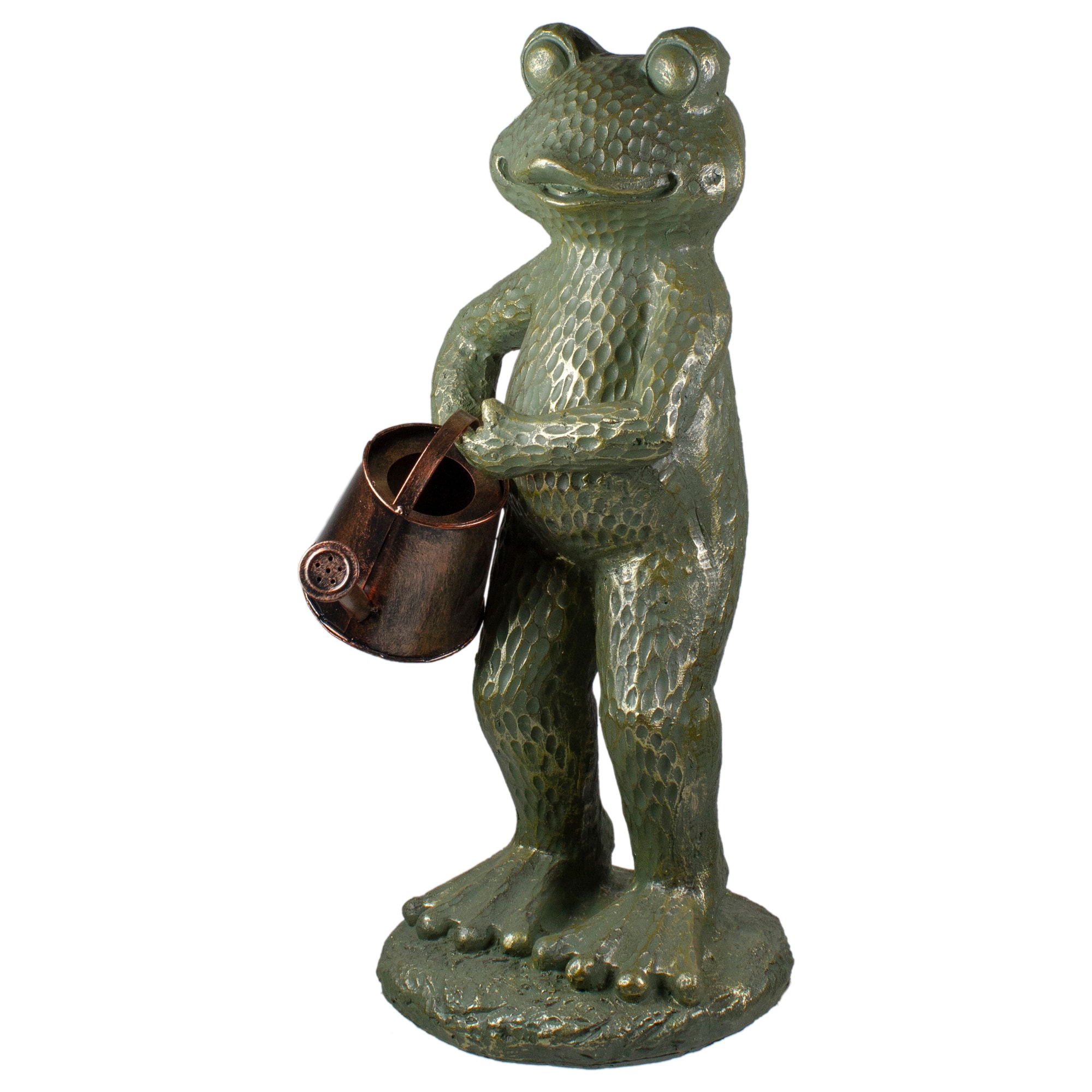 17&#x22; Gold Verdigris Frog with Watering Can Outdoor Garden Statue