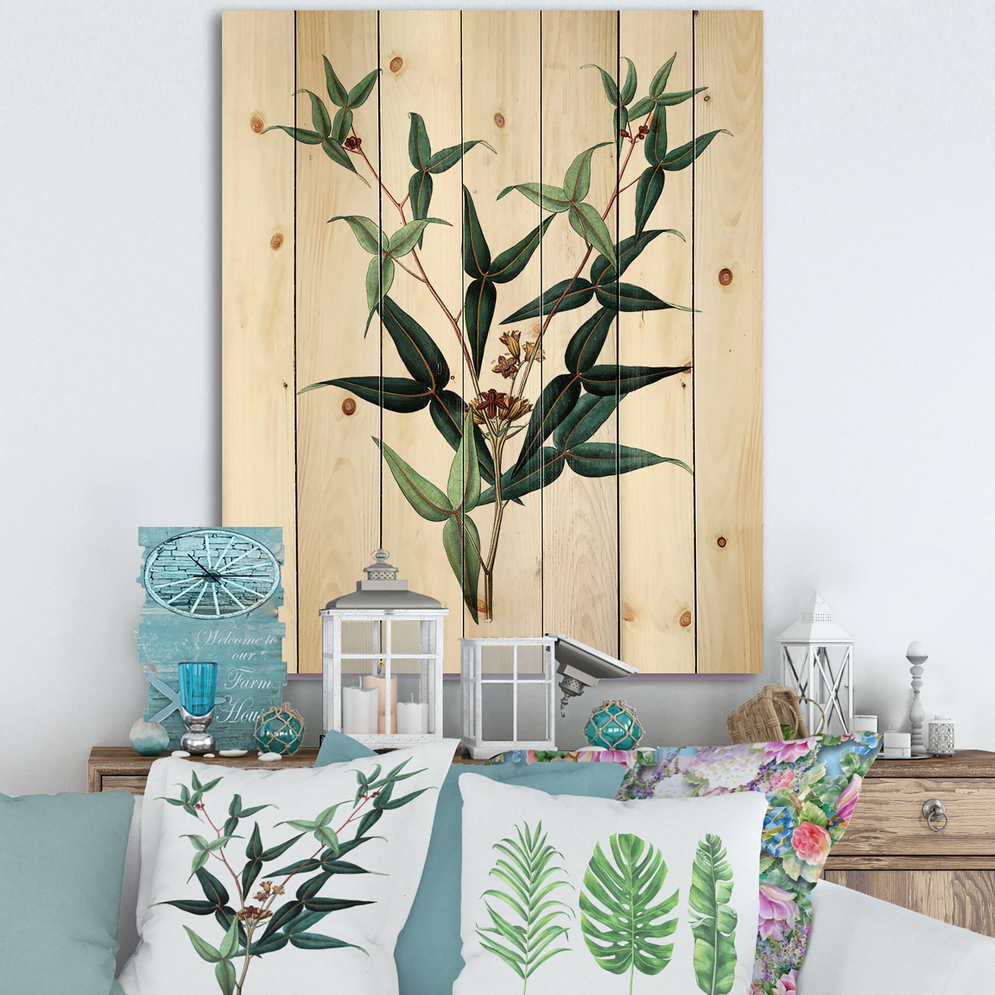 Designart - Vintage Green Leaves Plants VIII - Traditional Print on Natural Pine Wood