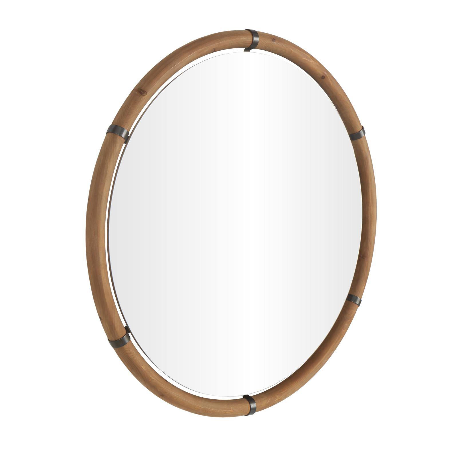40" x 40" Brown Wood Round Design with Brass Metal Support Wall Mirror