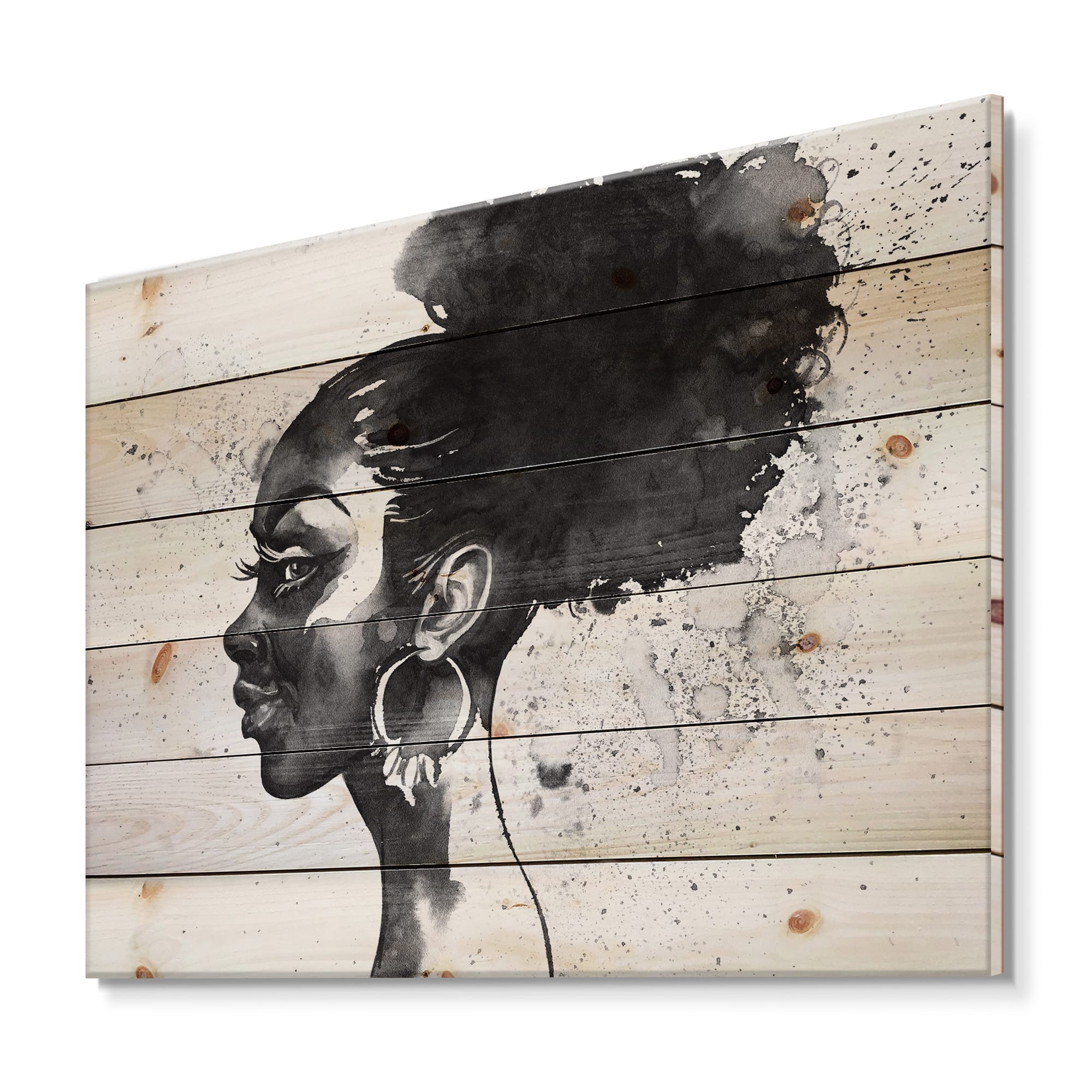 Designart - Monochrome Portrait of African American Woman I - Modern Print on Natural Pine Wood