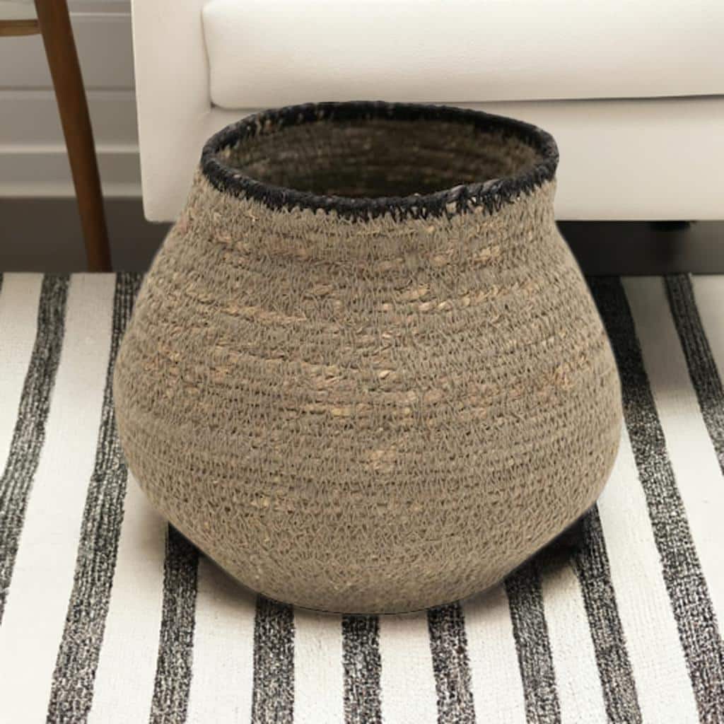 Hello Honey® 7" Gray & Black Hand-Woven Seagrass Basket