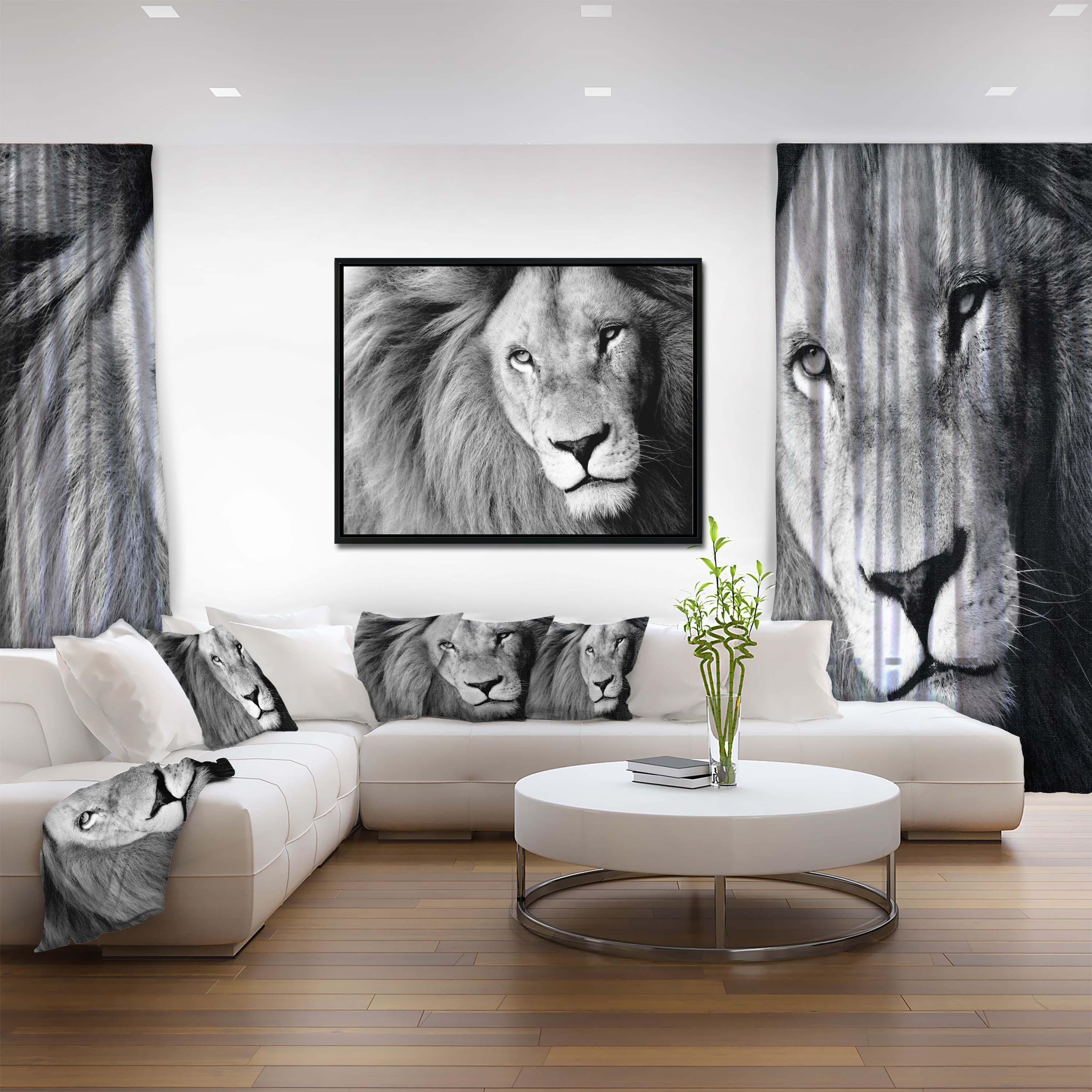 Designart - Lion Head in Grey - Animal Canvas Art Print in Black Frame