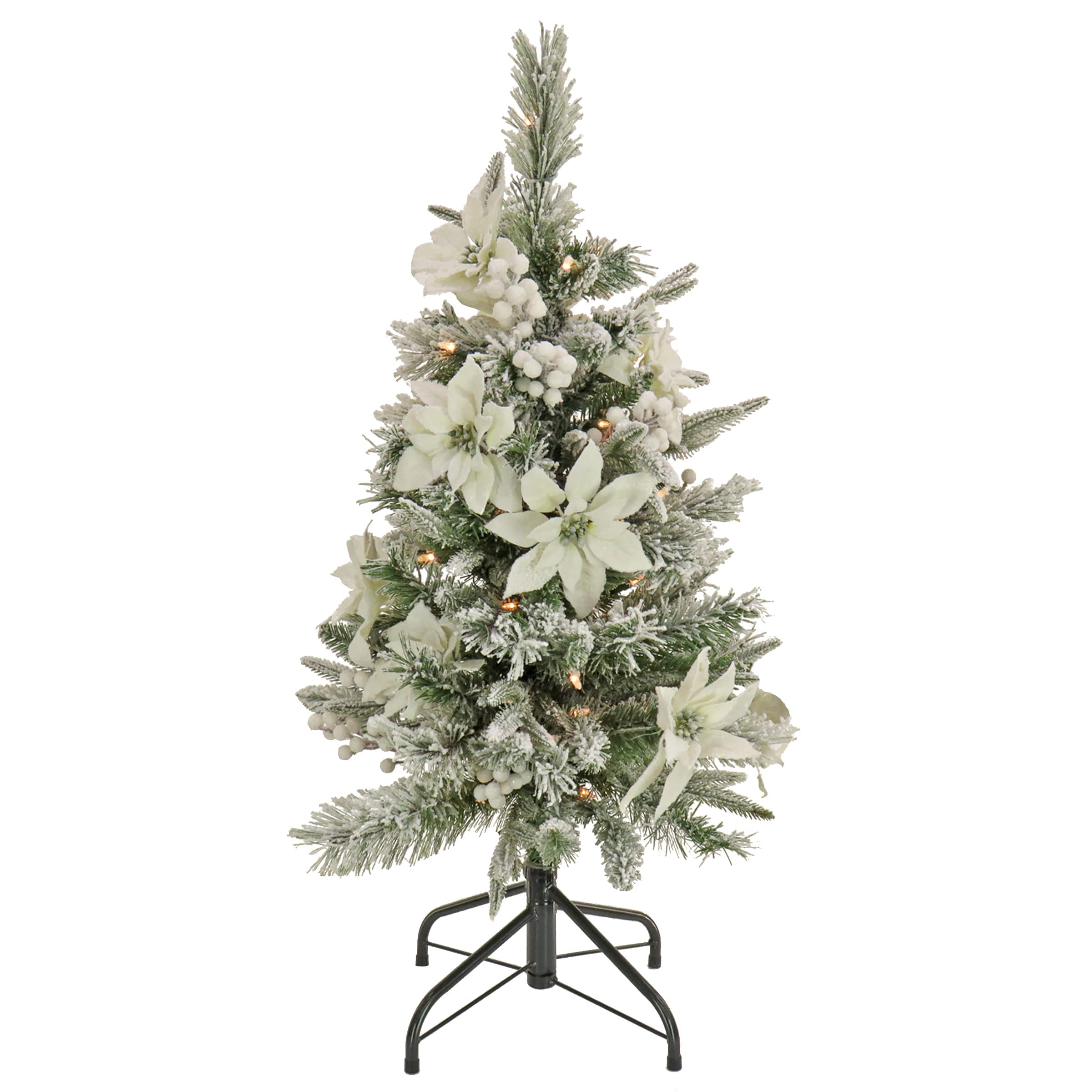 3ft. Pre-Lit Frosted Colonial Poinsettia Artificial Christmas Tree, Clear Lights