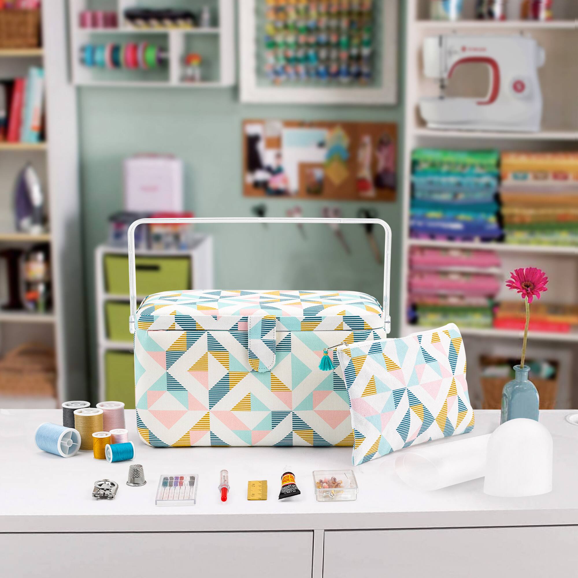 SINGER® Large Abstract Geo Print Sewing Basket with Matching Pouch Sew Kit