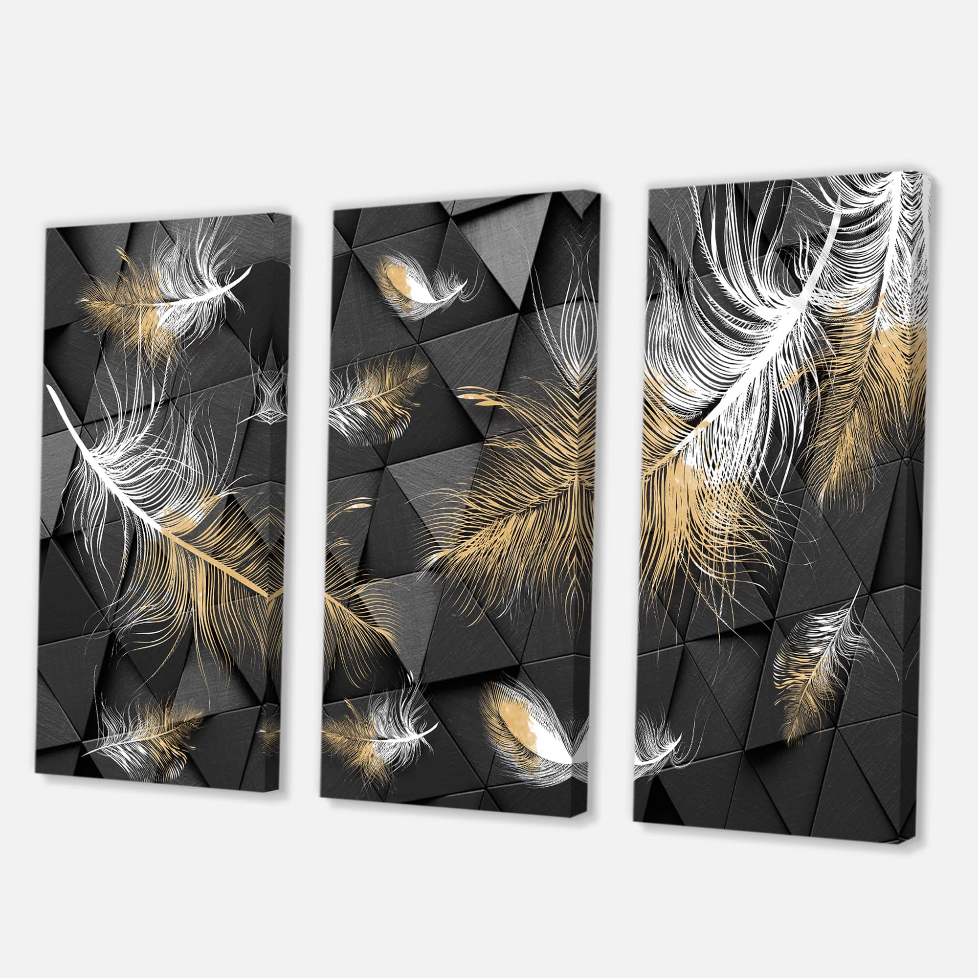 Designart - White and Gold Feathers On Triangular - Modern Canvas Wall Art Print