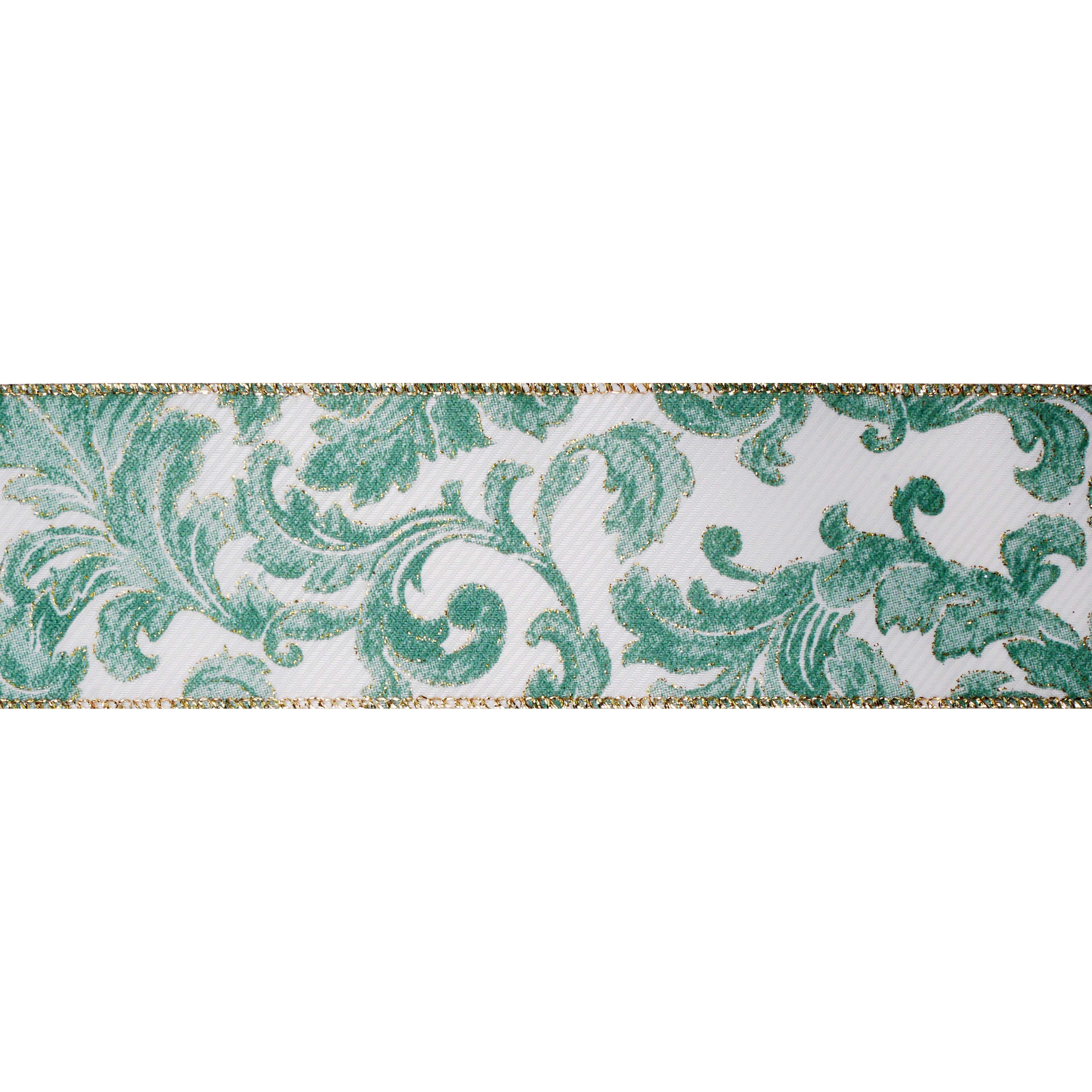 Ruban serg&#xE9; damass&#xE9; couleur sauge et dor&#xE9; de 6,3&#xA0;cm x 6&#xA0;m avec fil m&#xE9;tallique No&#xEB;l de Celebrate It