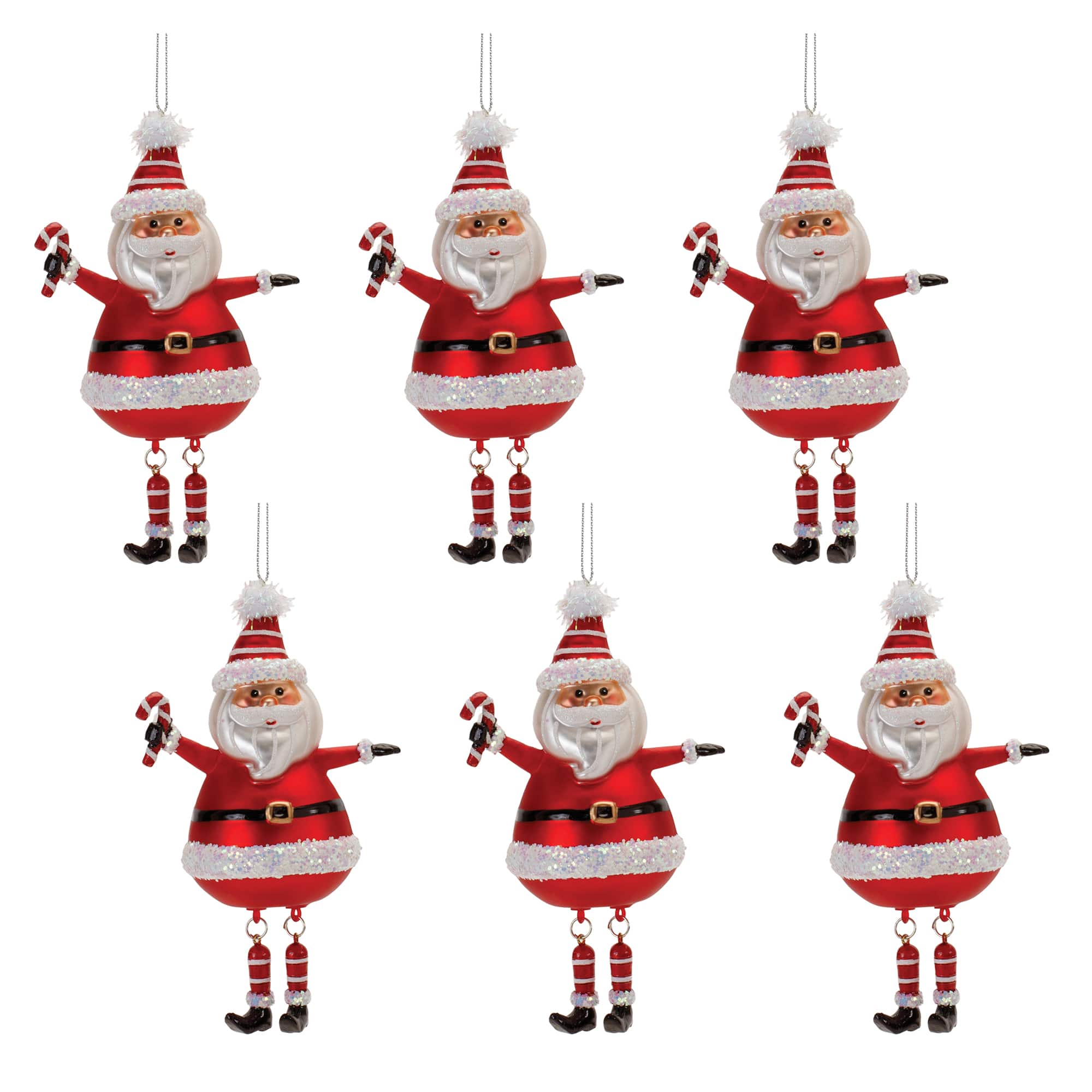6" Glittered Glass Santa with Dangle Legs Ornaments, 6ct.