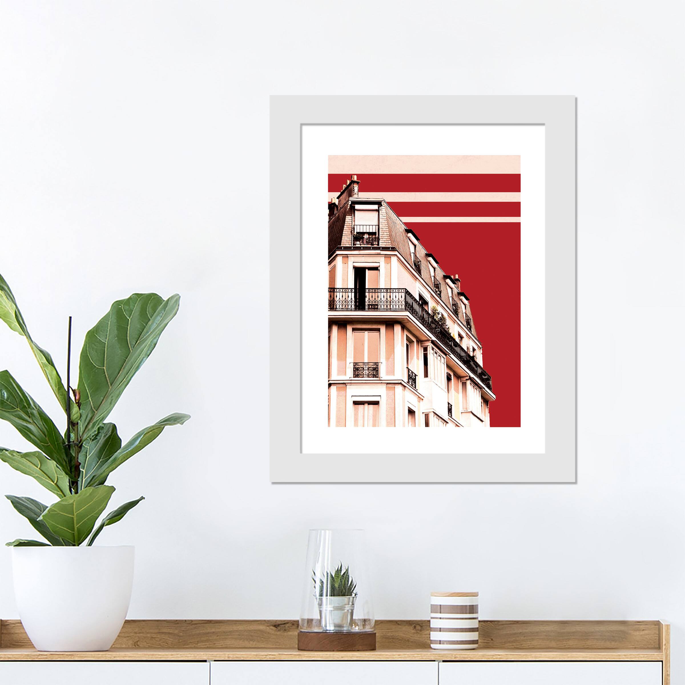 French Red Balcony Wall Print in White Frame