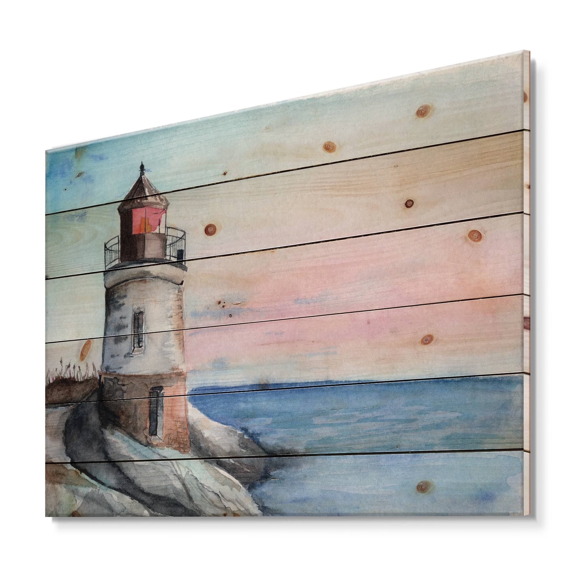 Designart - A Lighthouse On A Rock Shore In Early Morning - Nautical & Coastal Print on Natural Pine Wood