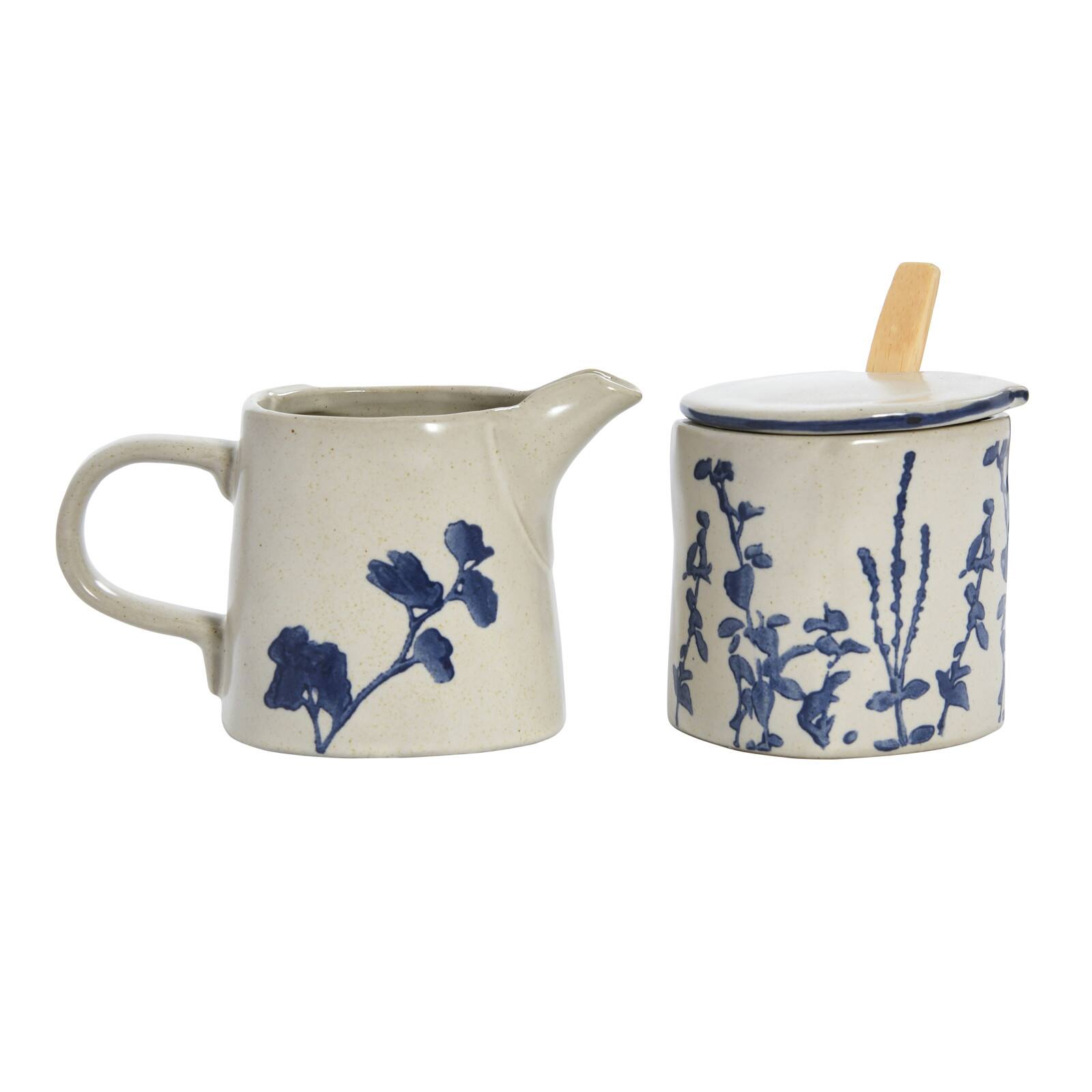 Hello Honey&#xAE; Antique White &#x26; Blue Hand Stamped Stoneware Sugar Pot &#x26; Creamer Set