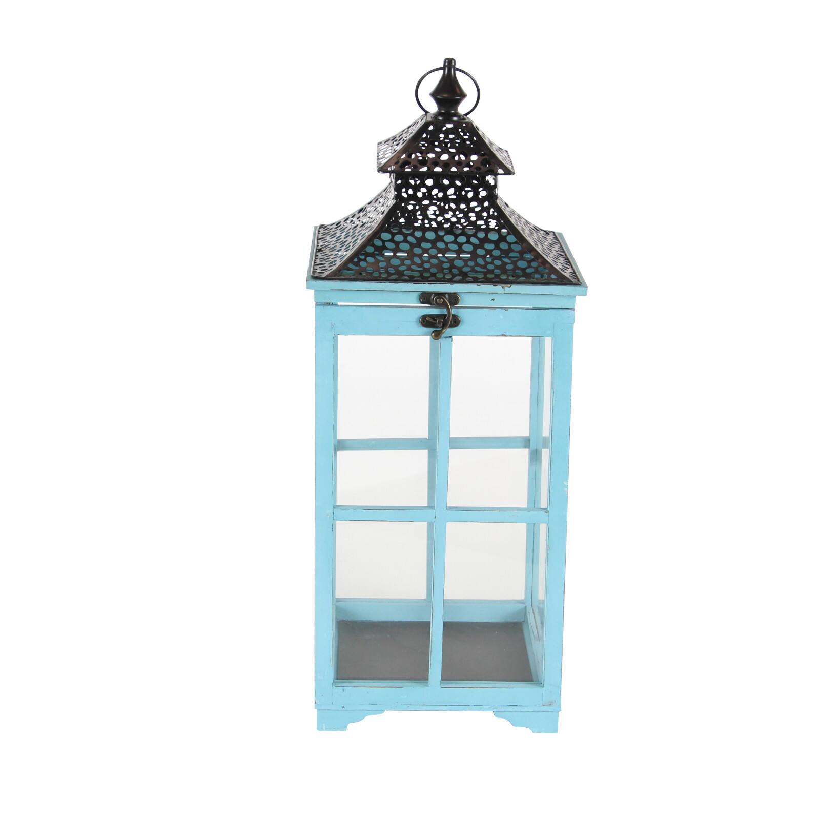 Set of 2" Turquoise Wood Coastal Lantern, 21", 26"
