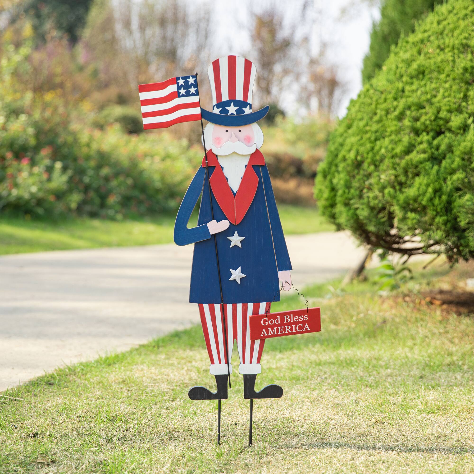 Glitzhome® 36" Wood Patriotic Uncle Sam Yard Stake Décor