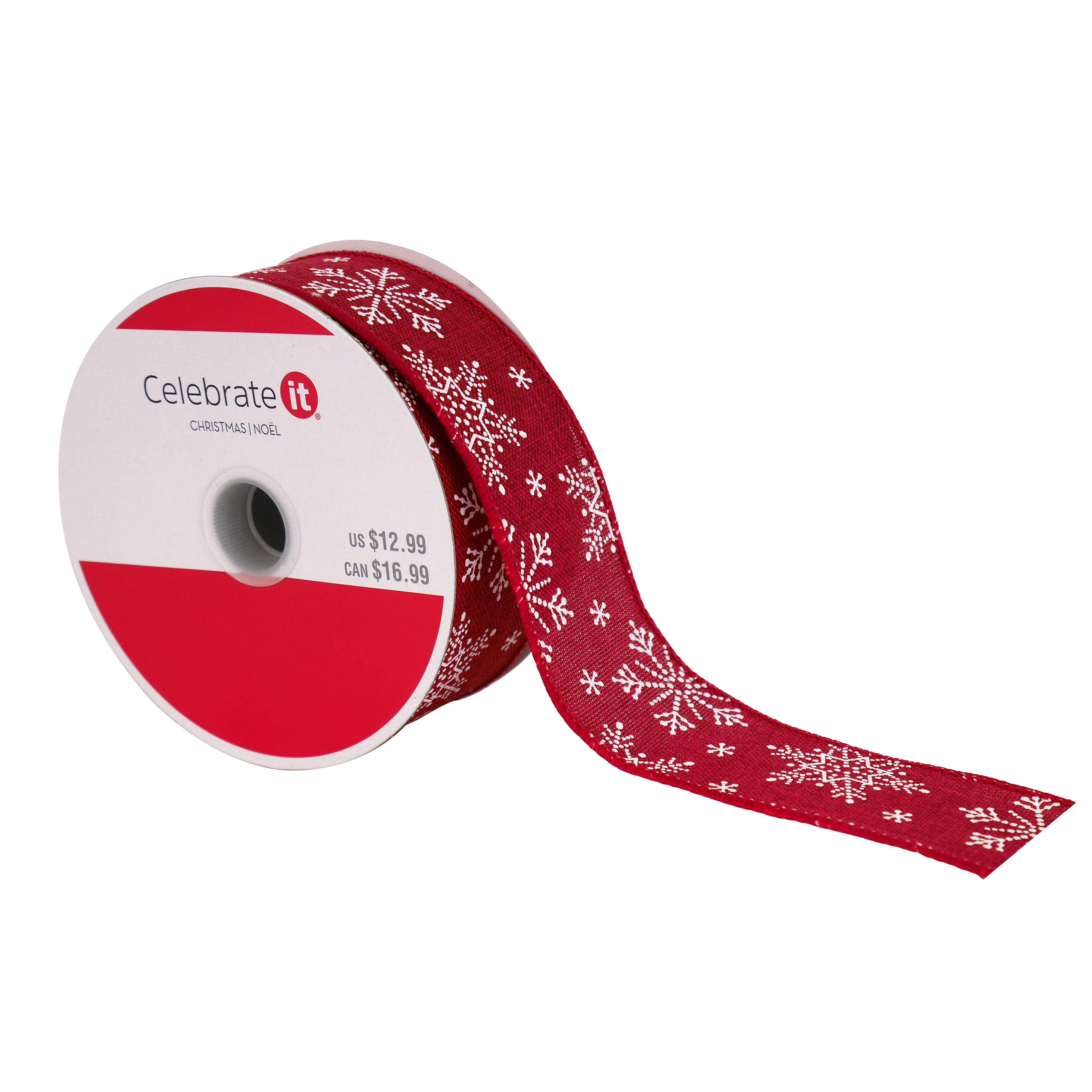 1.5&#x22; x 30ft. Red &#x26; White Snowflake Faux Linen Wired Ribbon by Celebrate It&#x2122; Christmas