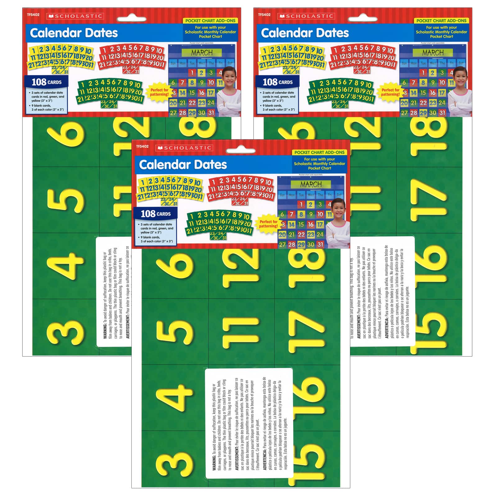 Purchase the Scholastic® Calendar Dates Pocket Chart Add-ons, 3 Packs of 108 at Michaels.com