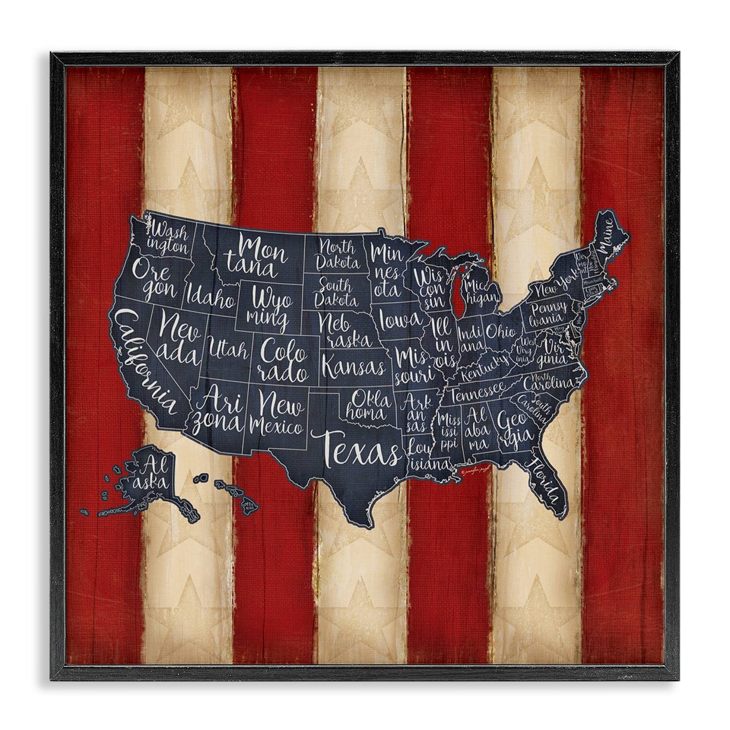 Stupell Industries United States Map on Stripes Framed Giclee Art