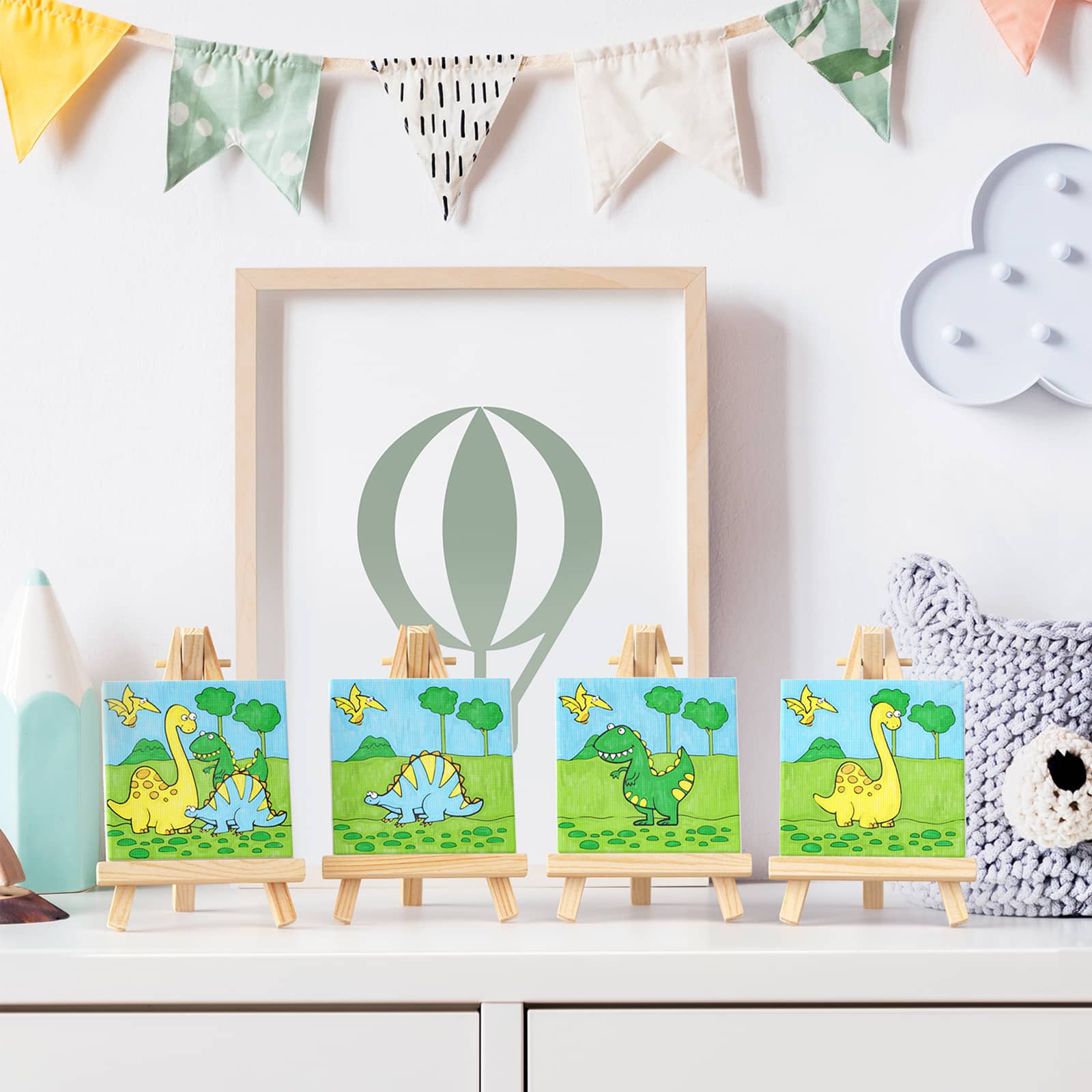 Arteza® Kids Canvas Paint Kit, 4 Mini Canvas- 3 x 3 with Easel, Dinosaurs