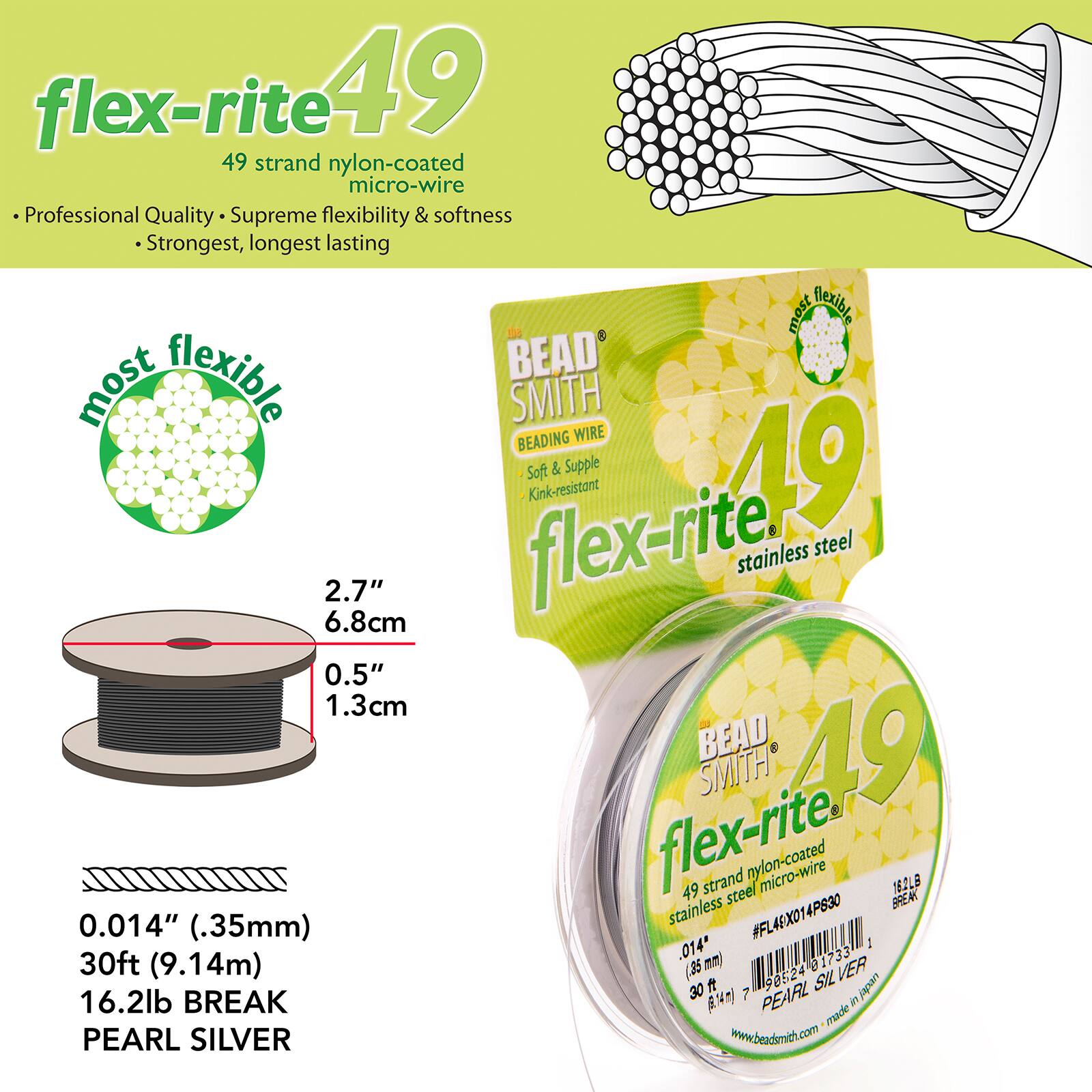 The Beadsmith&#xAE; Flex-rite&#xAE; 0.014&#x22; Pearl Silver 49 Strand Wire, 30ft.