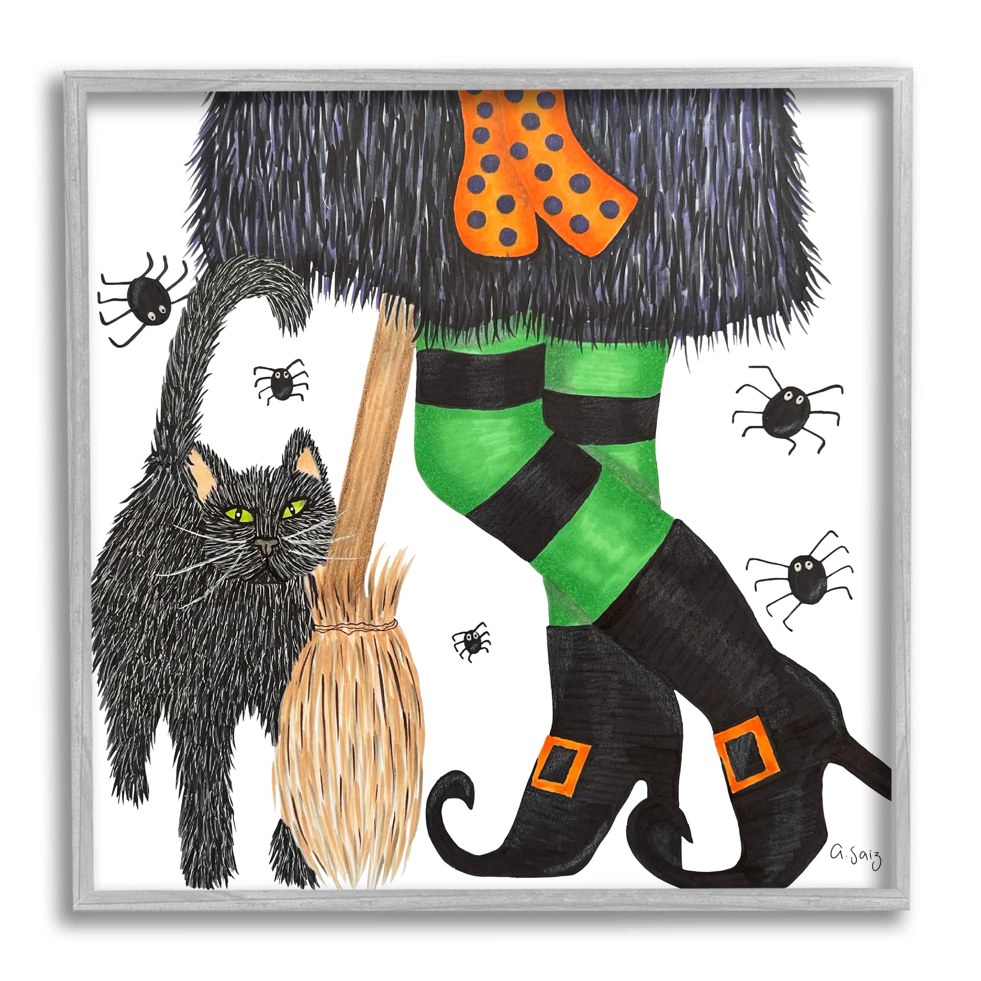 Stupell Industries Witch Broom Halloween Black Cat Framed Giclee Art