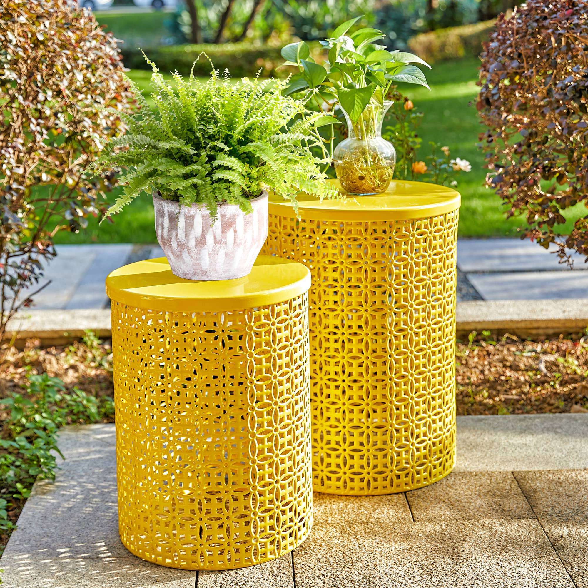 yellow metal garden stool