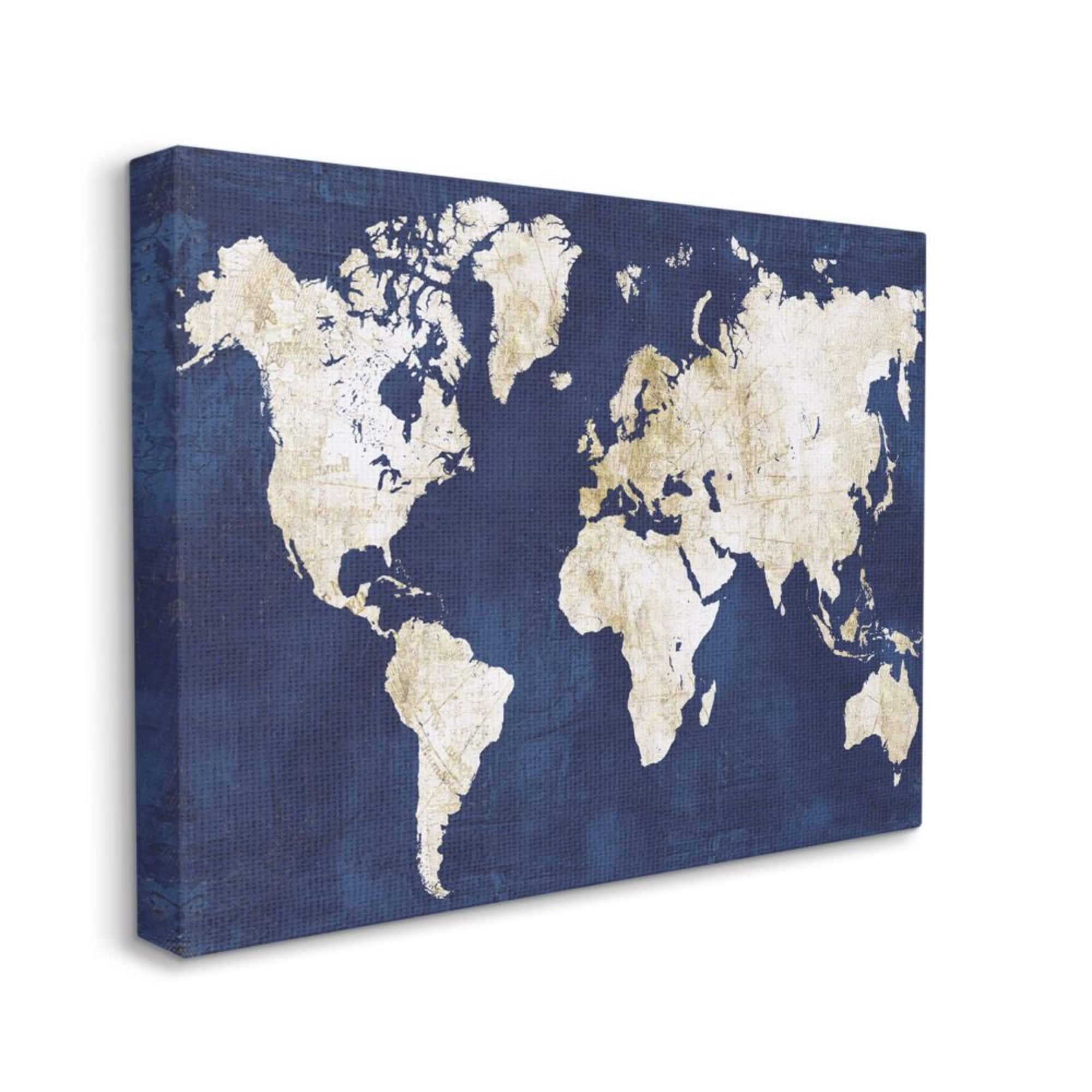 Stupell Industries Navy and Distressed Gold World Map Canvas Wall Art 