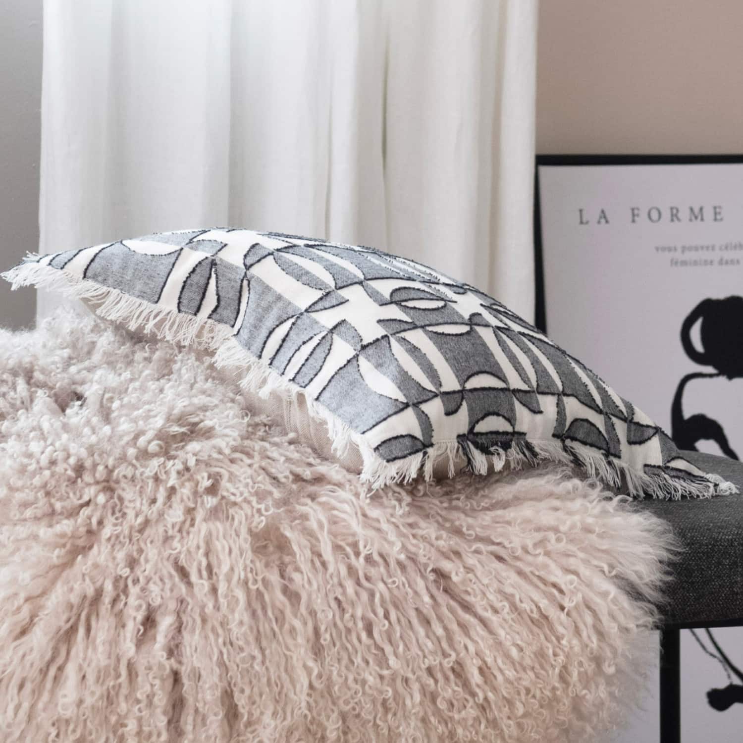 Hello Honey&#xAE; Multicolored Geometric Pattern Woven Cotton Pillow with Chambray Back &#x26; Fringe