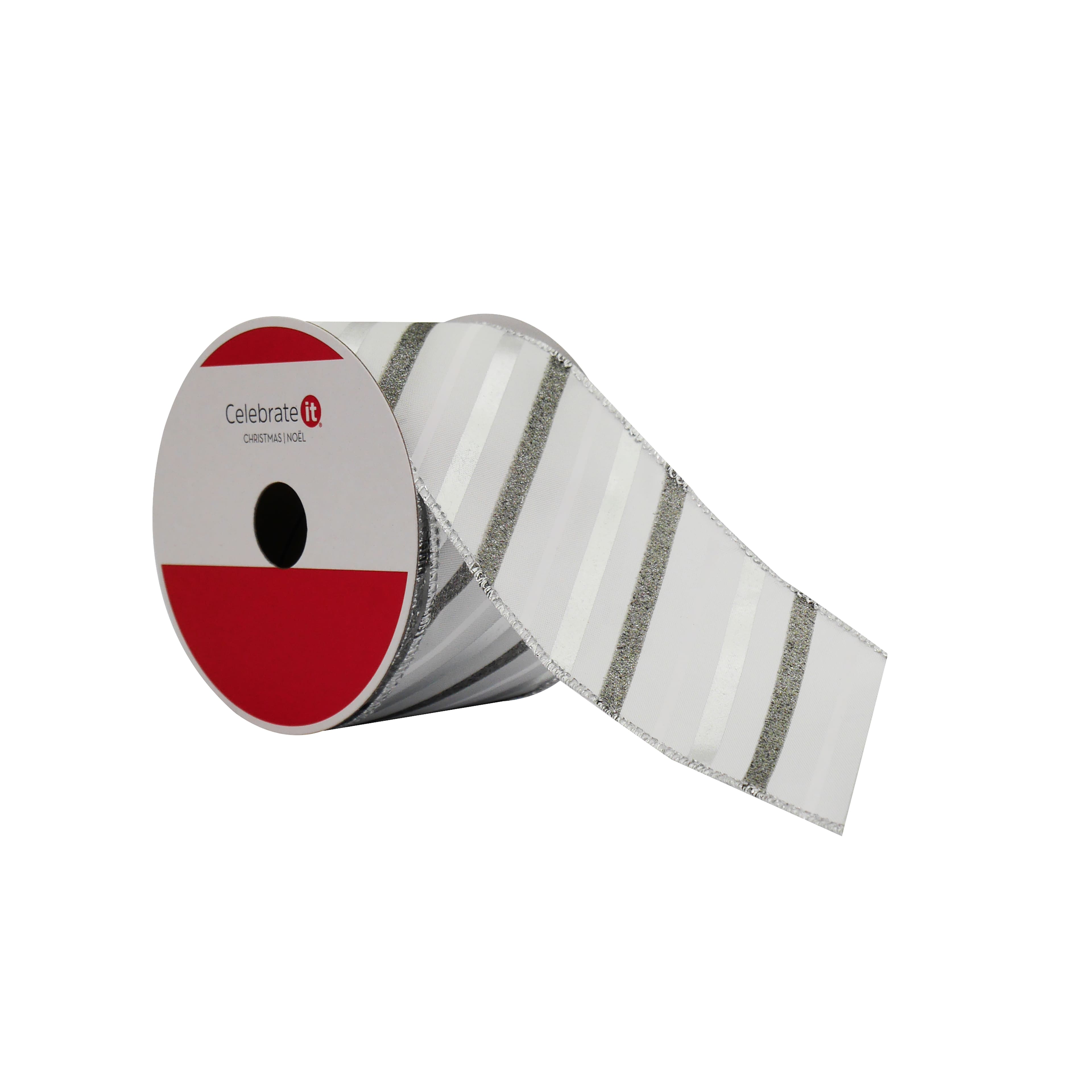 2.5&#x22; x 20ft. Silver Stripes White Taffeta Wired Ribbon by Celebrate It&#xAE;