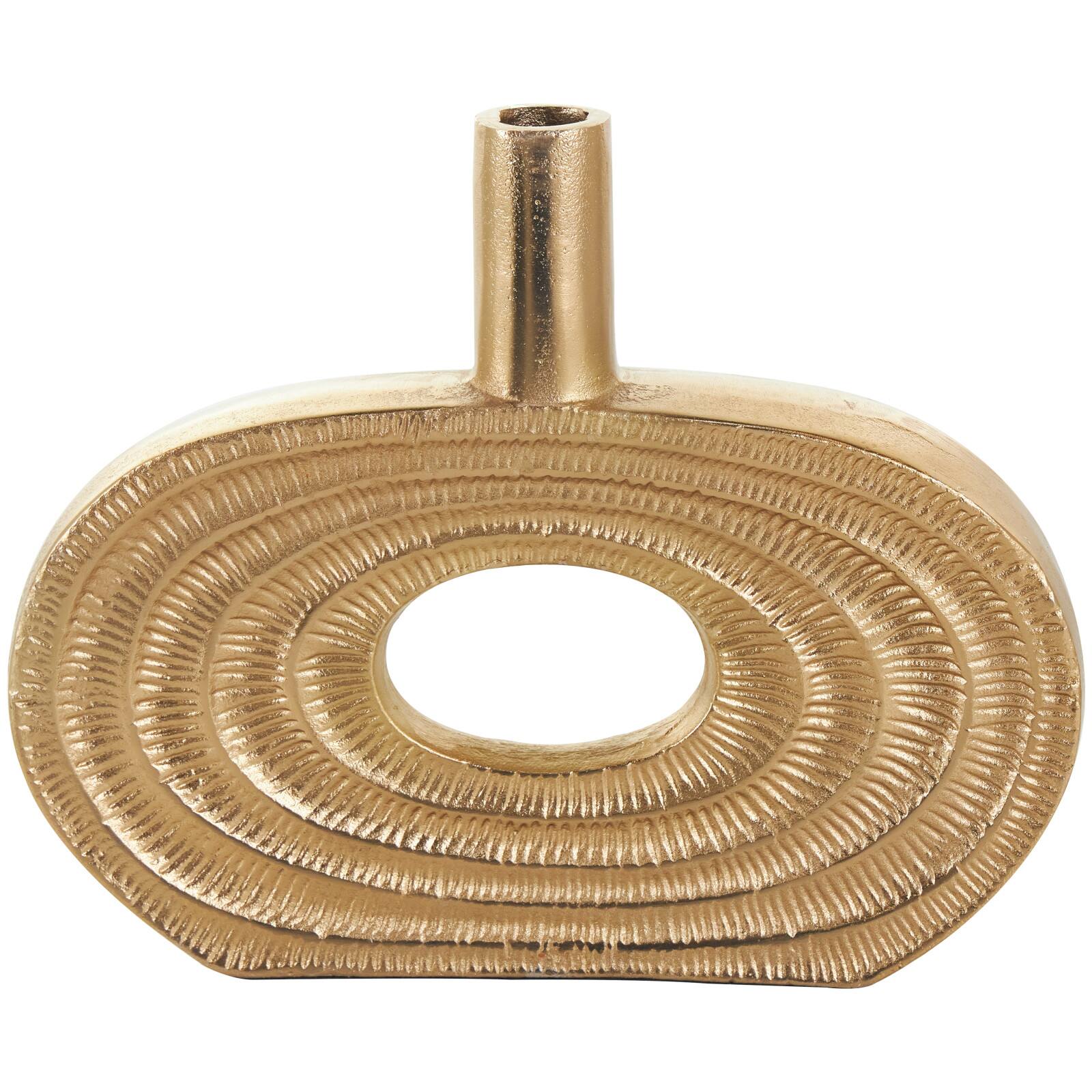 10" Gold Aluminum Geometric Circular Vase with Linear Etchings